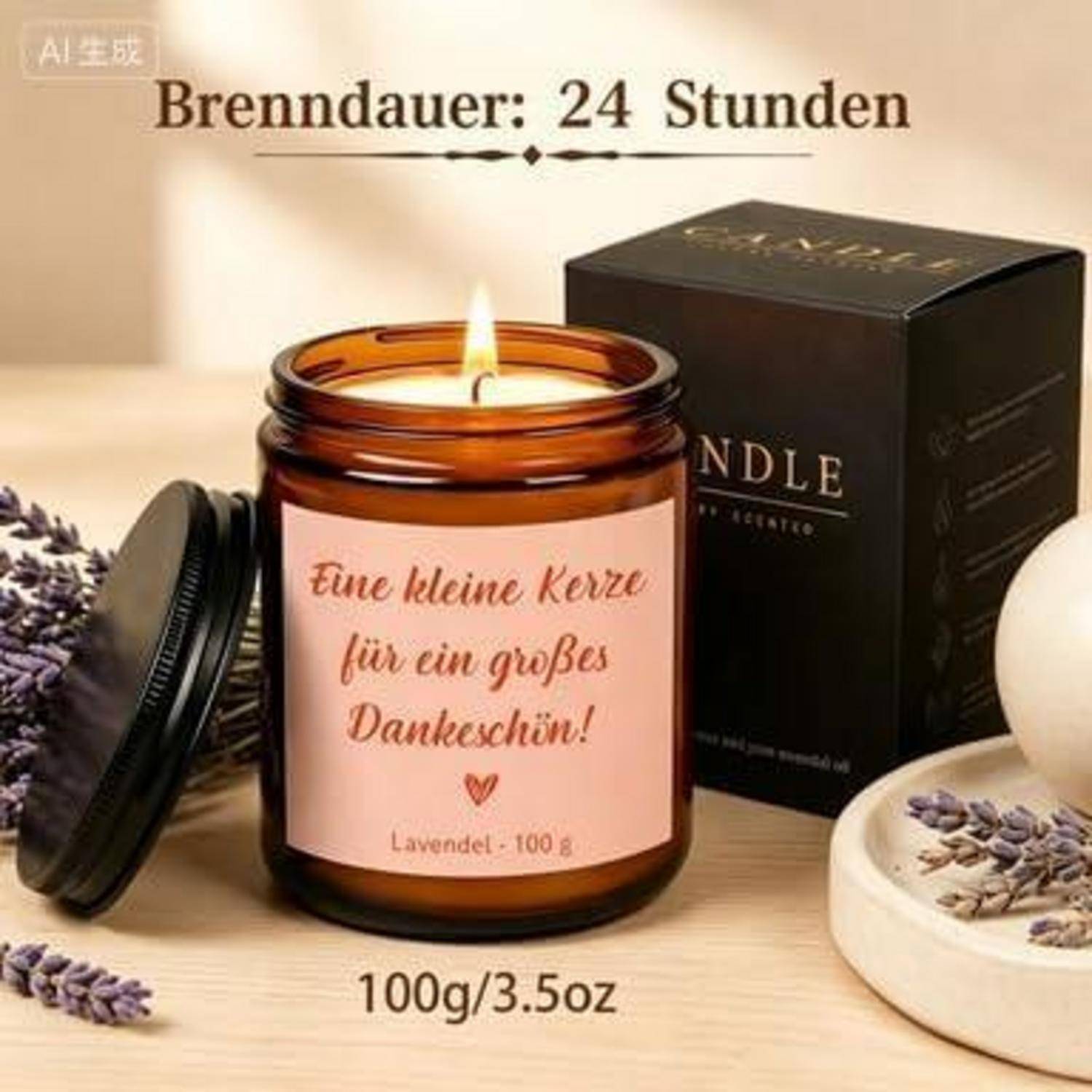 Brennende Lavendelkerze im Bernsteinglas mit Etikett „Eine kleine Kerze für ein großes Dankeschön!