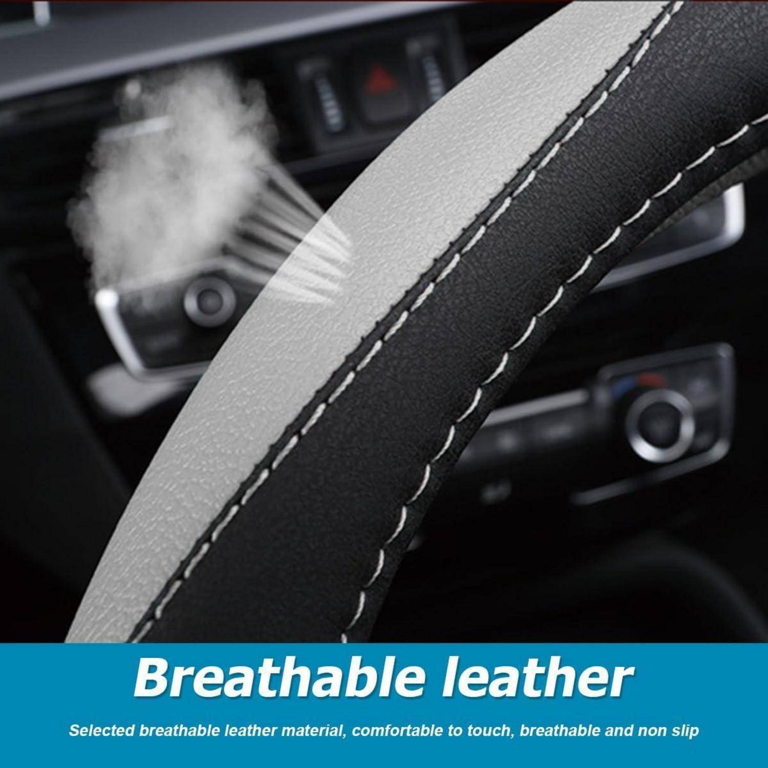 Nahaufnahme einer genähten Lederlenkradabdeckung in einem Auto, mit dem Text „Atmungsaktives Leder", das den Komfort und die Griffigkeit des Materials hervorhebt.