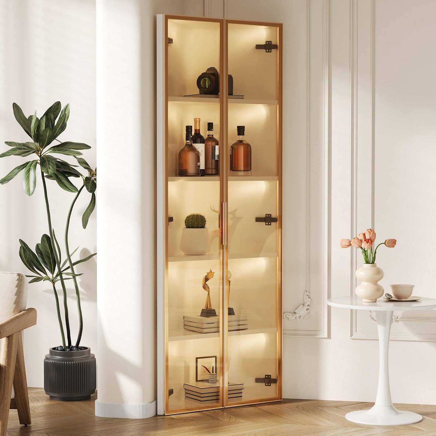 LED-Glasvitrine 62 x 35 x 160 cm – Weiß, mit integriertem Lichtband, staubdichte Vitrine, aus gehärtetem Glas gefertigt, Eckvitrine,Elegante Glasv