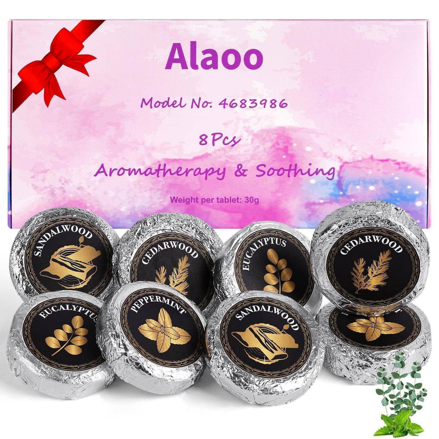 Alaoo Aromatherapie- und Beruhigungstabletten-Geschenkset, 8 Stück, mit assortiertem Duftangebot bestehend aus Sandelholz, Zedernholz, Eukalyptus und Pfefferminze.