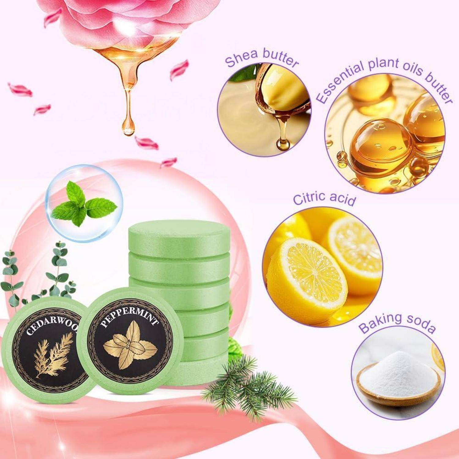 Illustration natürlicher Lippenbalsam-Inhaltsstoffe, die gestapelte grüne Balsamdosen und beschriftete Nahaufnahmen von Sheabutter, ätherischen Pflanzenölen, Zitronensäure und Backnatron zeigen.