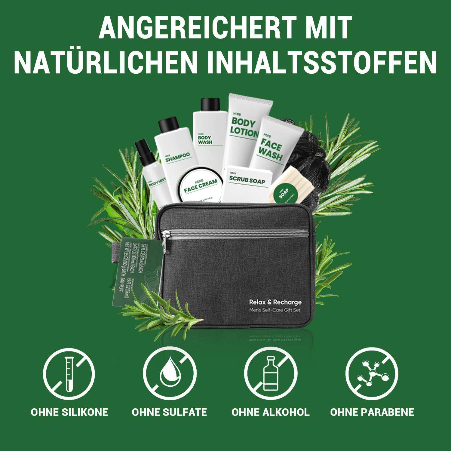 Grüne Anzeige für ein Herrenpflege-Geschenkset mit Shampoo, Duschgel, Lotion, Gesichtsreiniger, Peeling-Seife und einer Toilettentasche; Text besagt, dass es mit natürlichen Inhaltsstoffen angereichert ist und frei von Silikon, Sulfaten, Alkohol und Parabenen ist.