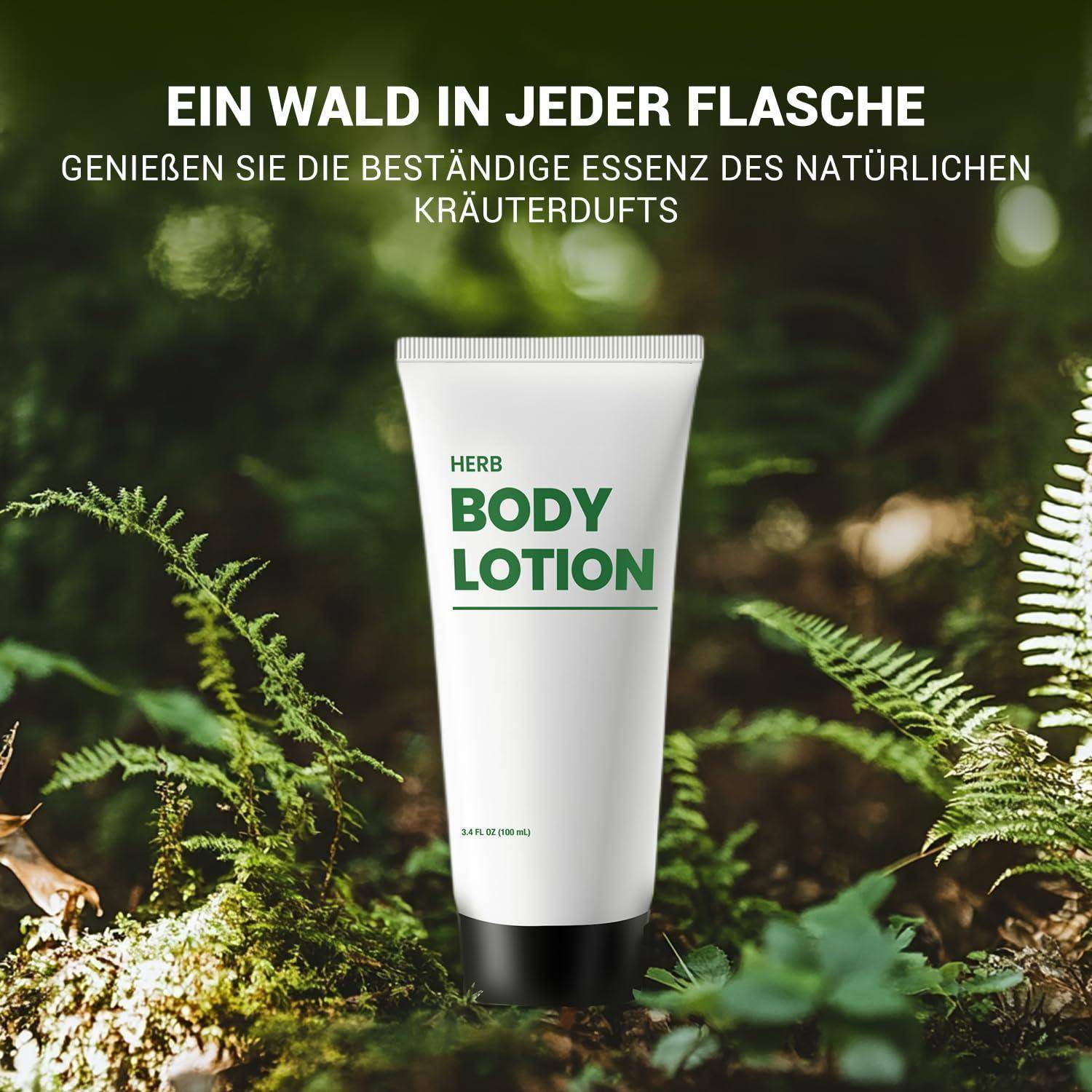 Herb Body Lotion Tube zentriert in einer Waldkulisse mit deutschem Text: „Ein Wald in jeder Flasche