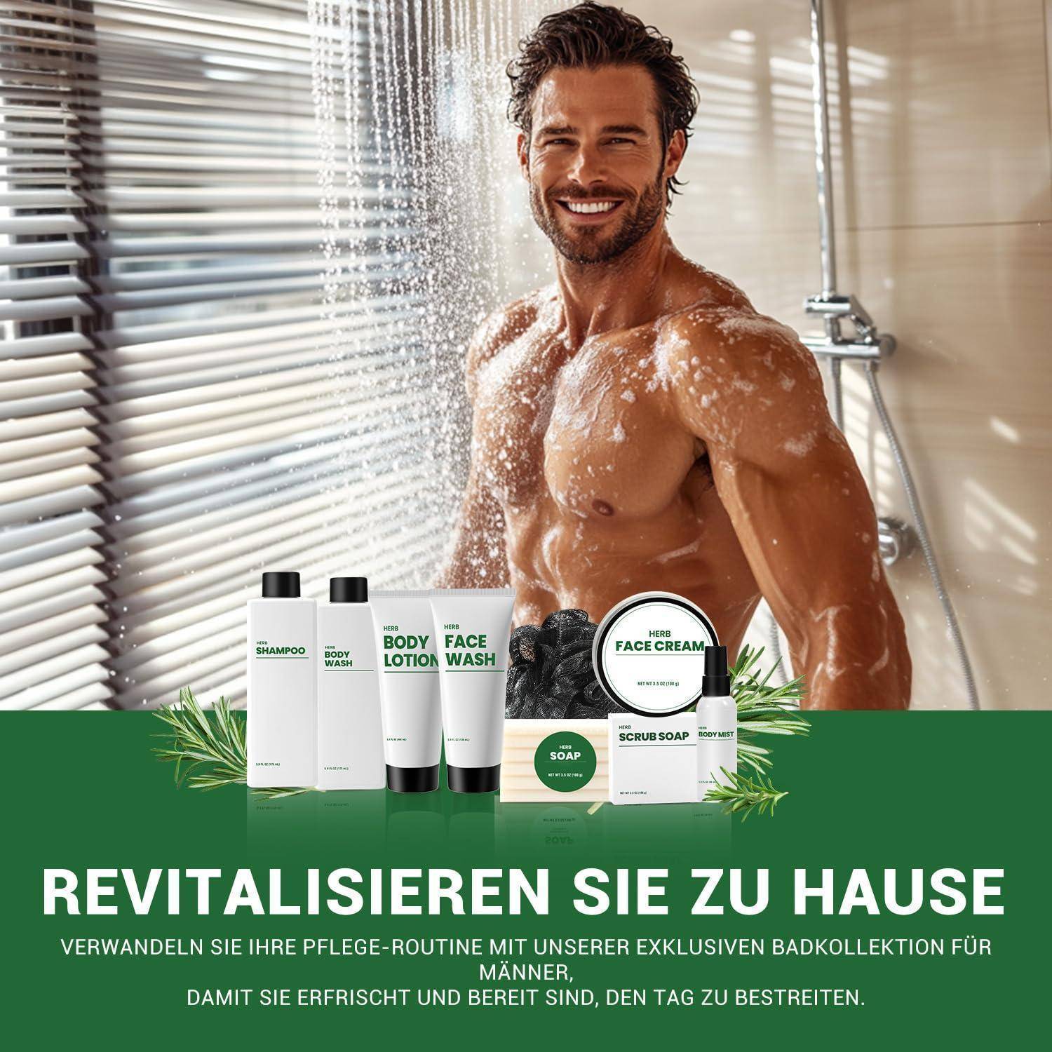 Ein Mann duscht neben Badeprodukten; Deutsche Anzeige liest 