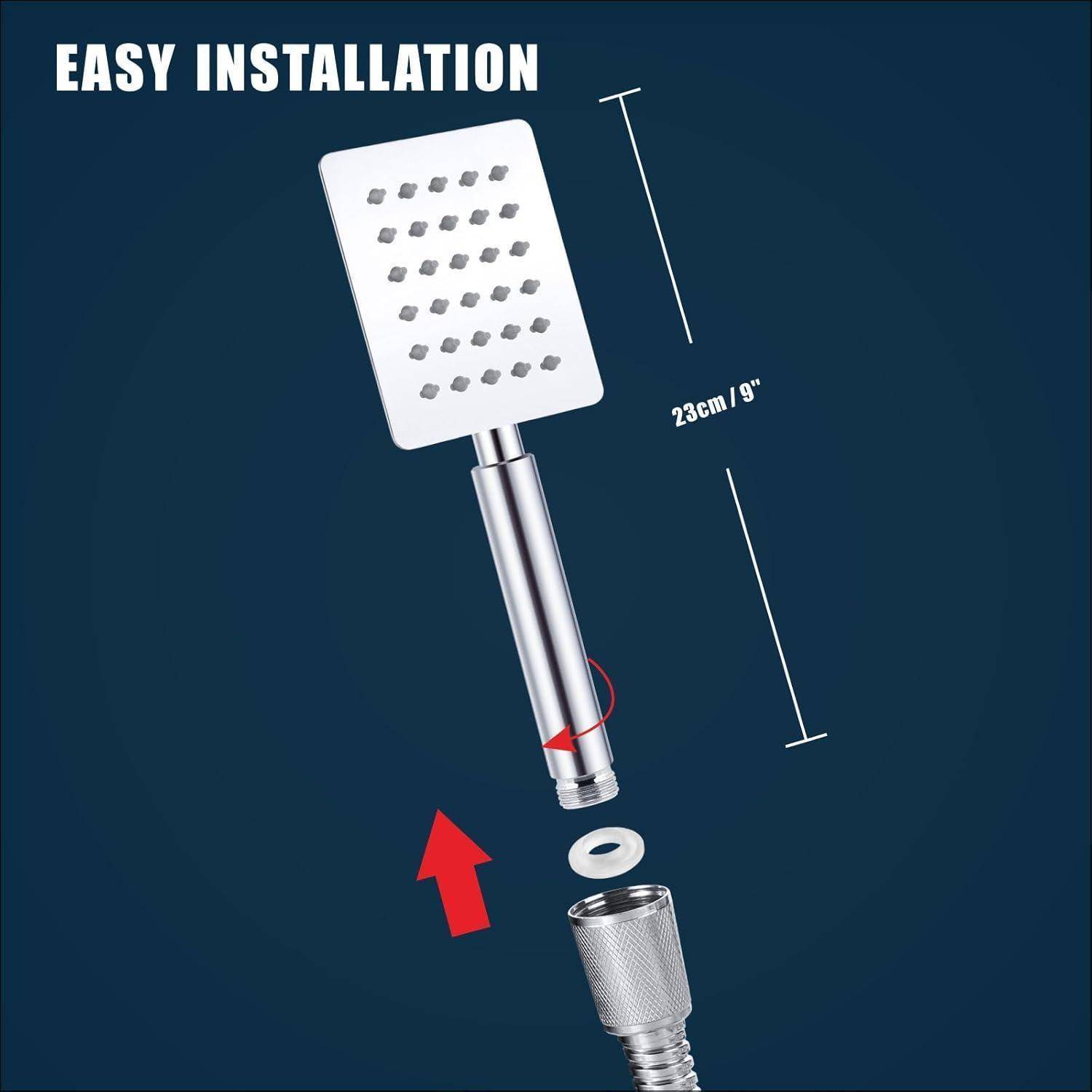 Illustration zeigt die einfache Installation eines Duschkopfes, wobei der Griff in einen Verbinder ausgerichtet wird und eine Länge von 250 mm/9