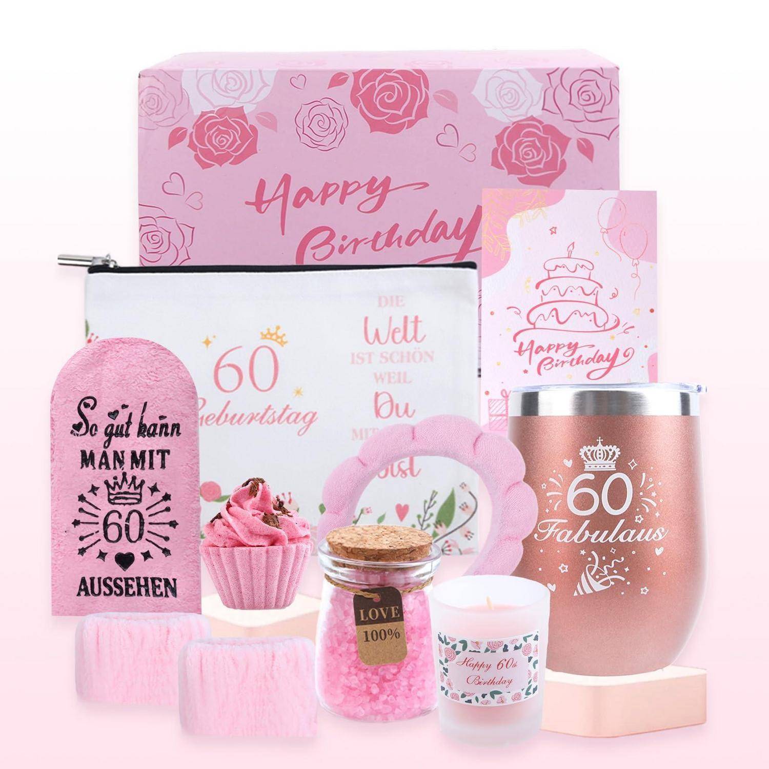 Rosa 60. Geburtstagsgeschenkset mit einer floralen 
