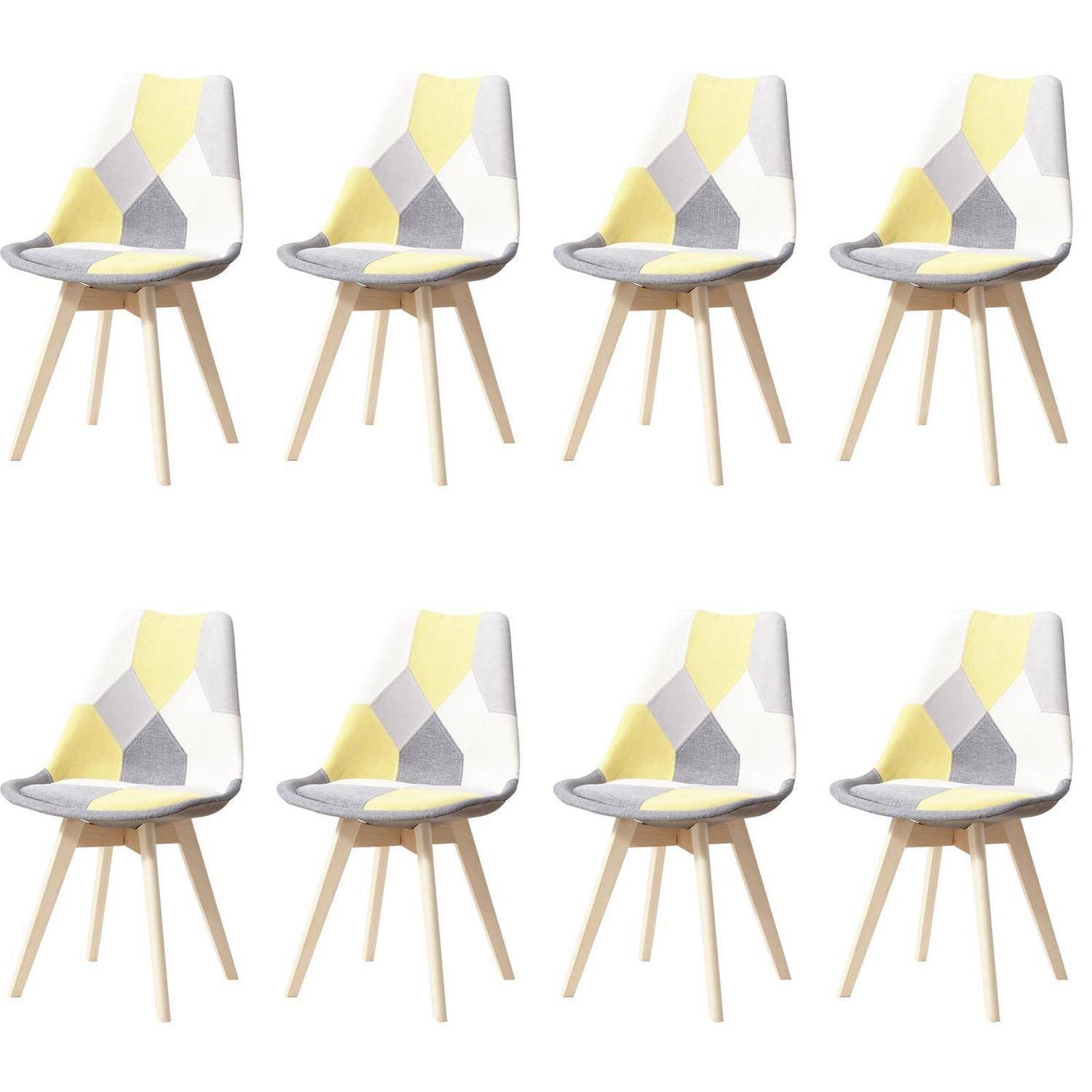 Set aus 8 Esszimmerstühlen aus Patchwork-Stoff mit abnehmbarem Sitzkissen und Massivholzbeinen für Esszimmer, Wohnzimmer, Küche usw. (Patchwork Gel