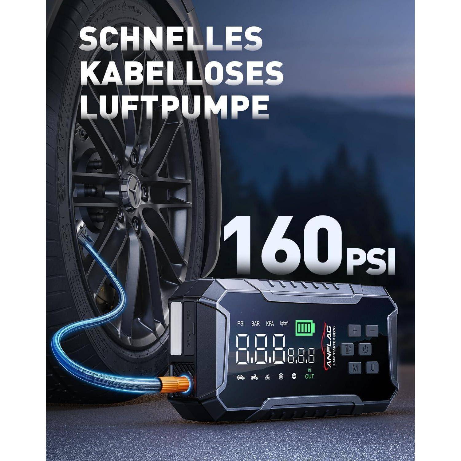 Starthilfe Powerbank für Pkw mit Kompressor 160PSI, ANFLAG 7000A 26800mAh Auto Starthilfe Powerbank für All Benzin und 12.0L Dieselmotor, Starter Po