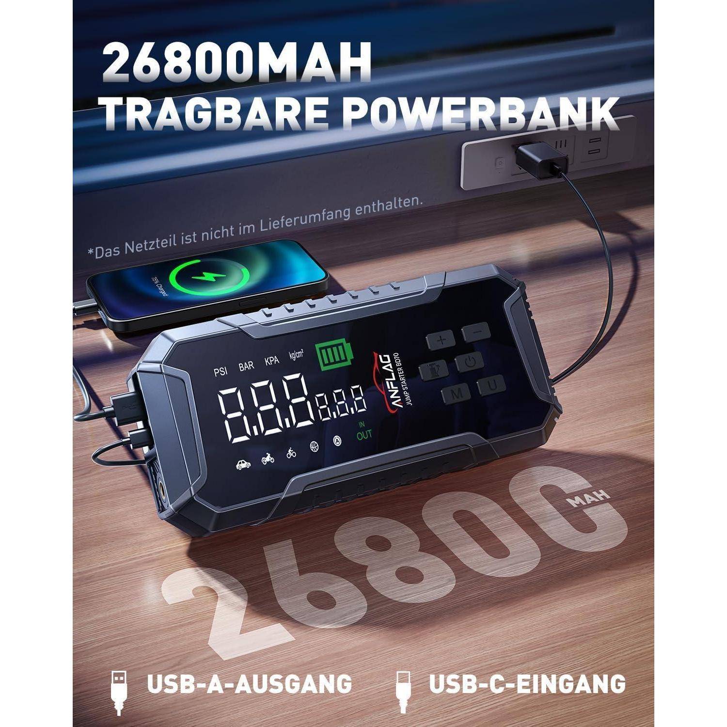 Starthilfe Powerbank für Pkw mit Kompressor 160PSI, ANFLAG 7000A 26800mAh Auto Starthilfe Powerbank für All Benzin und 12.0L Dieselmotor, Starter Po