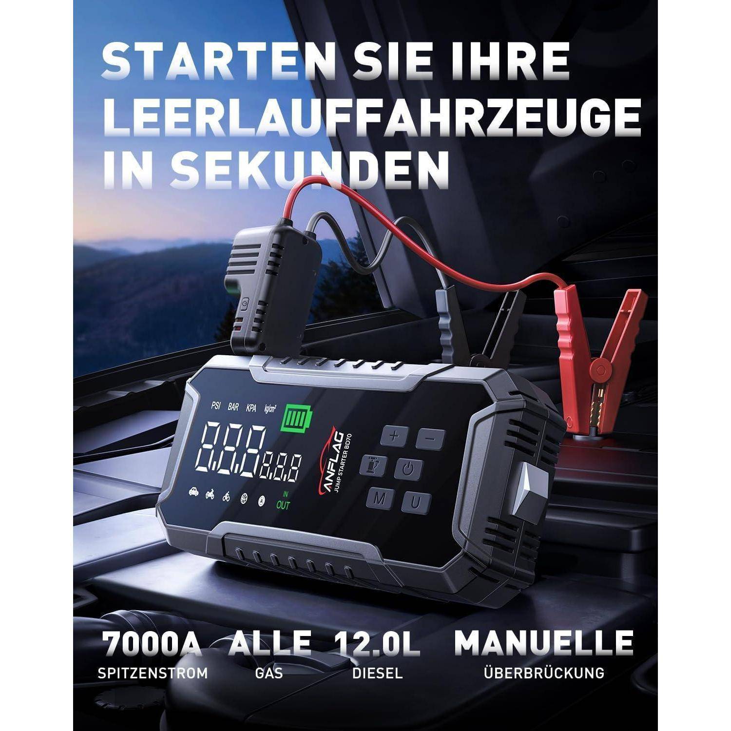Starthilfe Powerbank für Pkw mit Kompressor 160PSI, ANFLAG 7000A 26800mAh Auto Starthilfe Powerbank für All Benzin und 12.0L Dieselmotor, Starter Po