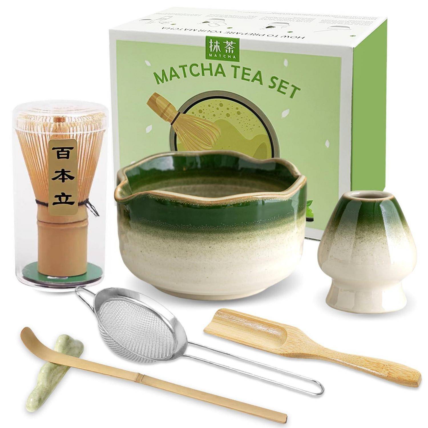 Matcha-Tee-Set mit Keramikschüssel, Bamboo-Besen, Löffel, Sieb, Bestenhalter, Teedose und Geschenkbox