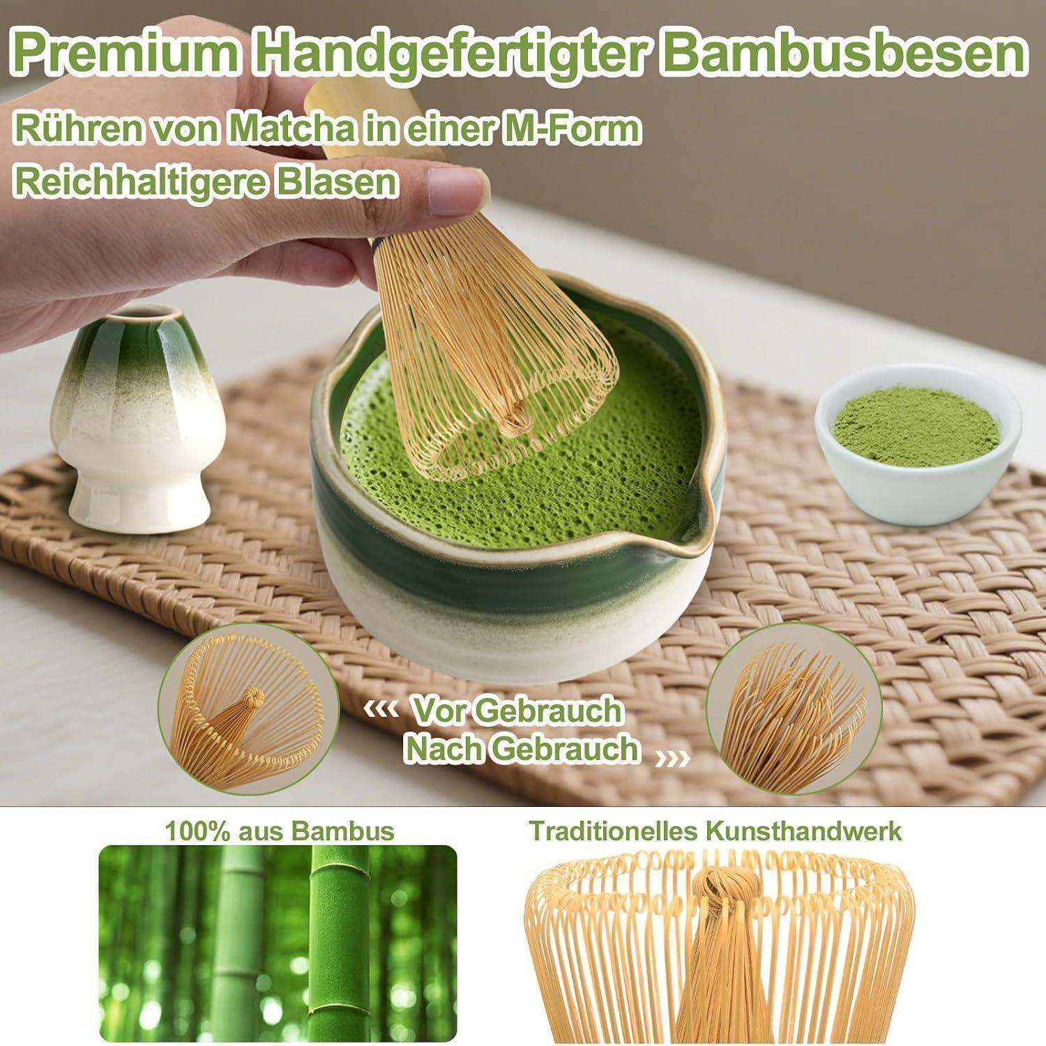 Hand hält einen Bambus-Matcha-Schneebesen über einer Schüssel mit schaumigem grünem Tee; die Anzeige besagt „Premium Handgefertigter Bambusbesen