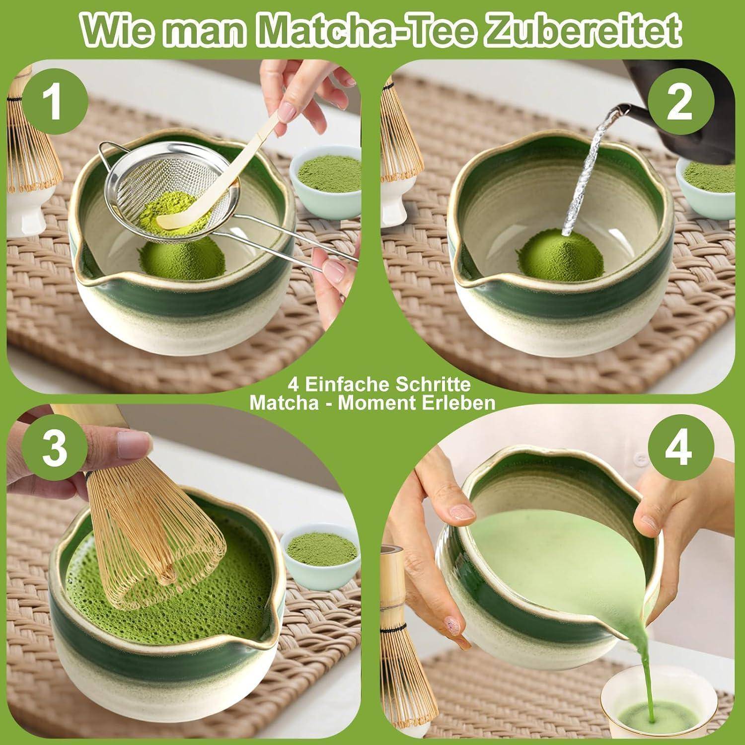 JBER Matcha Besen Set, Matcha Set 7-Teiliges - Matcha Besen und Besenhalter, Matcha Schale mit Auslauf, Sieb, Löffel und Halter, Japanisches Matcha