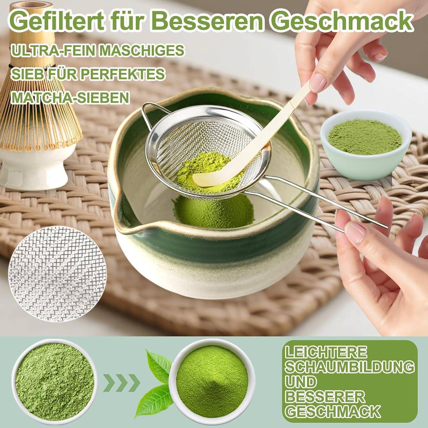 JBER Matcha Besen Set, Matcha Set 7-Teiliges - Matcha Besen und Besenhalter, Matcha Schale mit Auslauf, Sieb, Löffel und Halter, Japanisches Matcha
