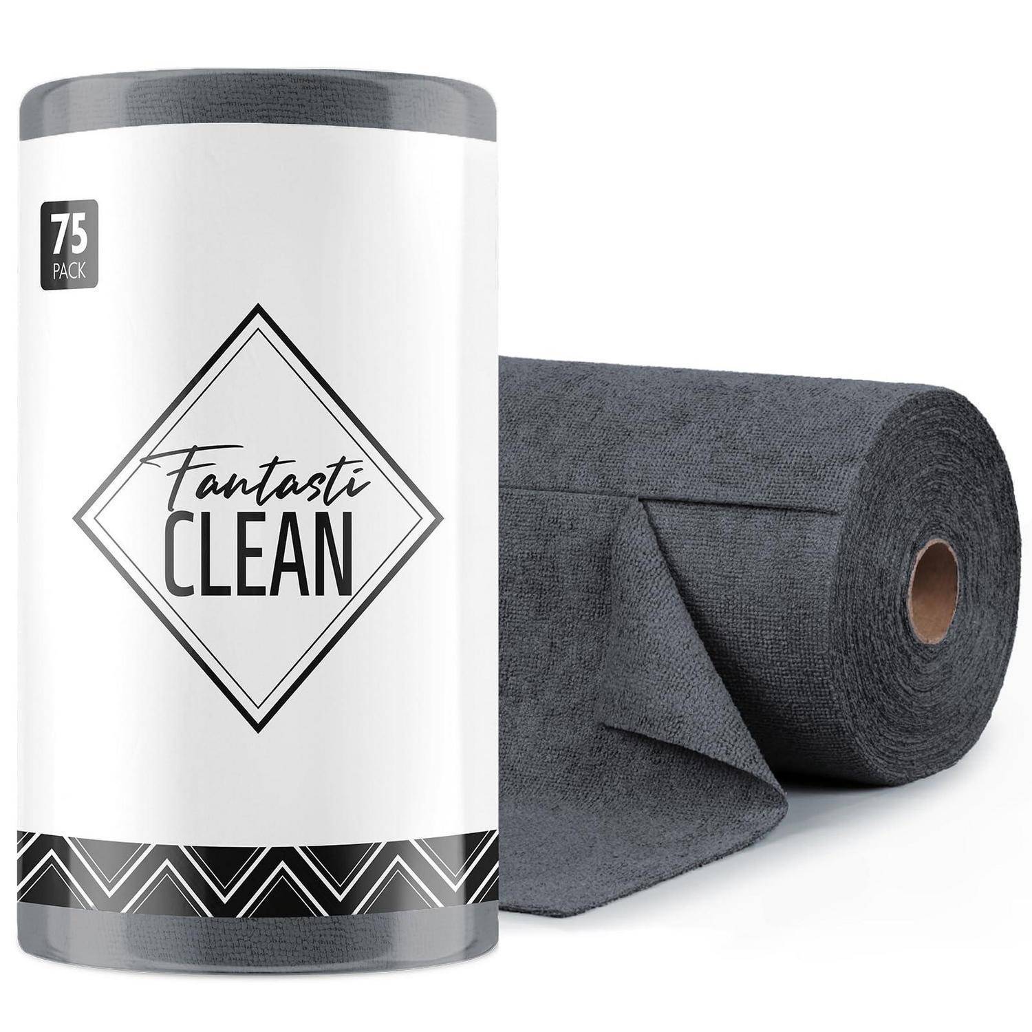 Rolle dunkelgrauer Reinigungstücher mit weiße Verpackung mit der Aufschrift „FANTASTI CLEAN
