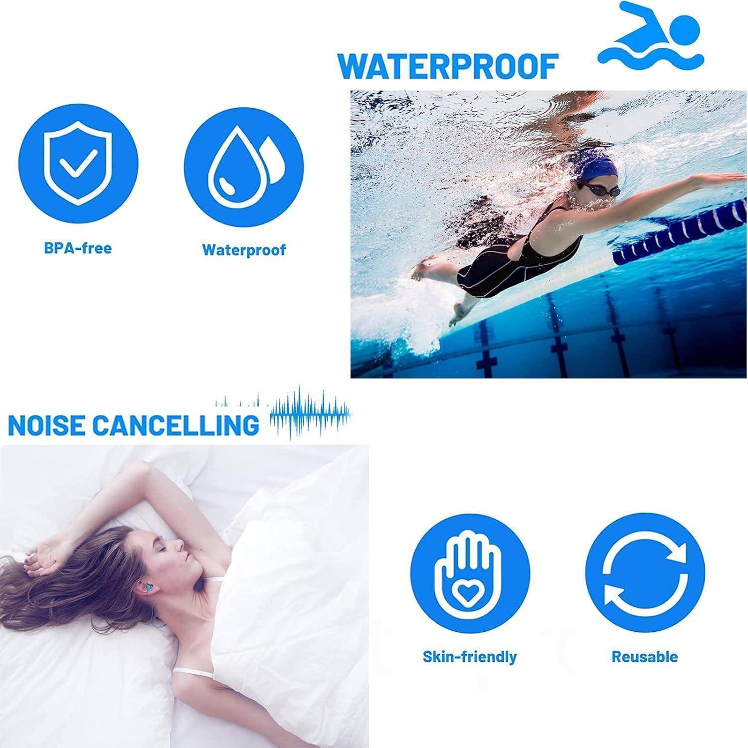 Produktmerkmal-Grafik mit BPA-frei, wasserdicht, Geräuschunterdrückung, hautfreundlich und wiederverwendbar mit Symbolen und einem Schwimmerbild.