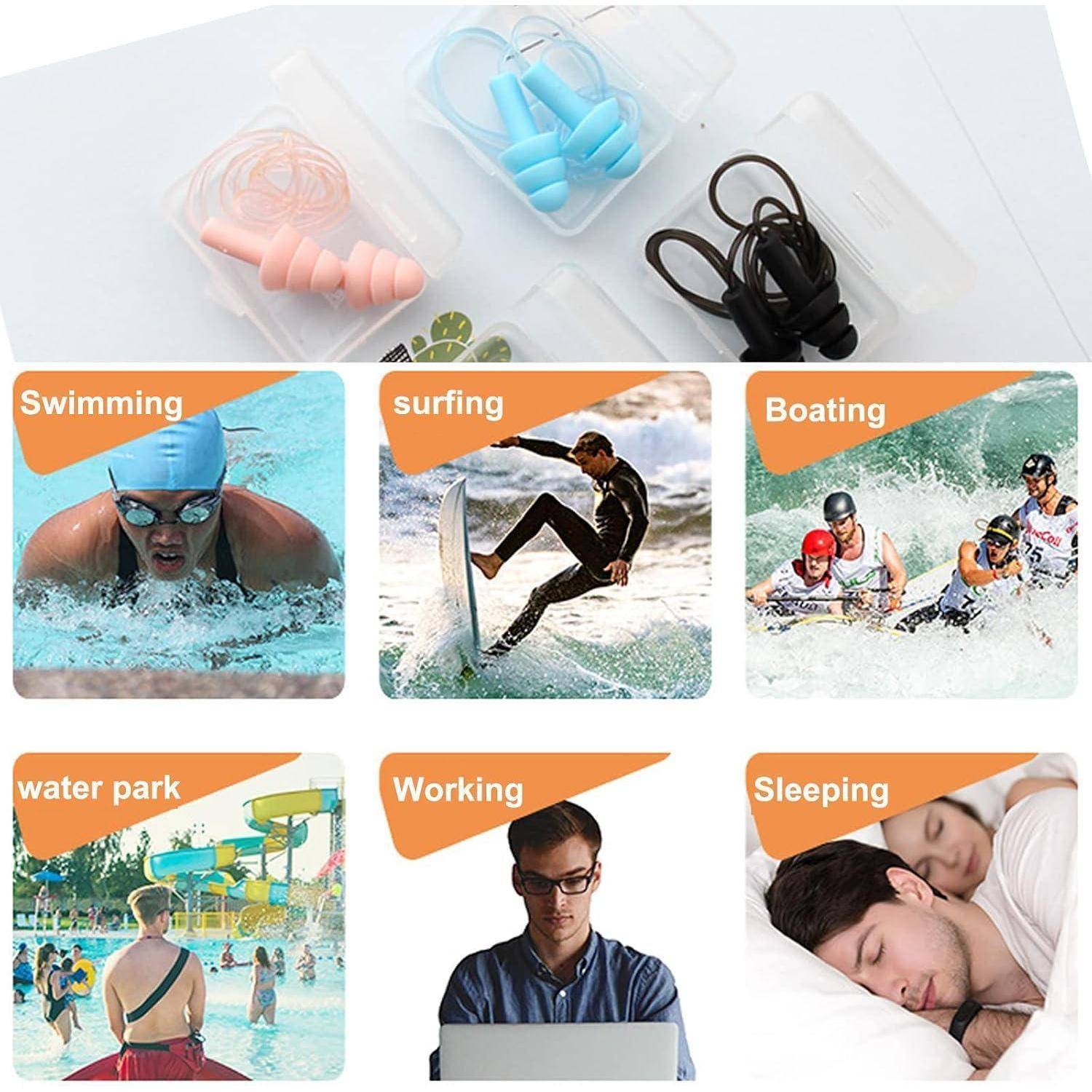 Collage aus sechs gekennzeichneten Fotos, die Ohrstöpsel-Anwendungen zeigen: Schwimmen, Surfen, Bootfahren, Wasserpark, Arbeiten und Schlafen.