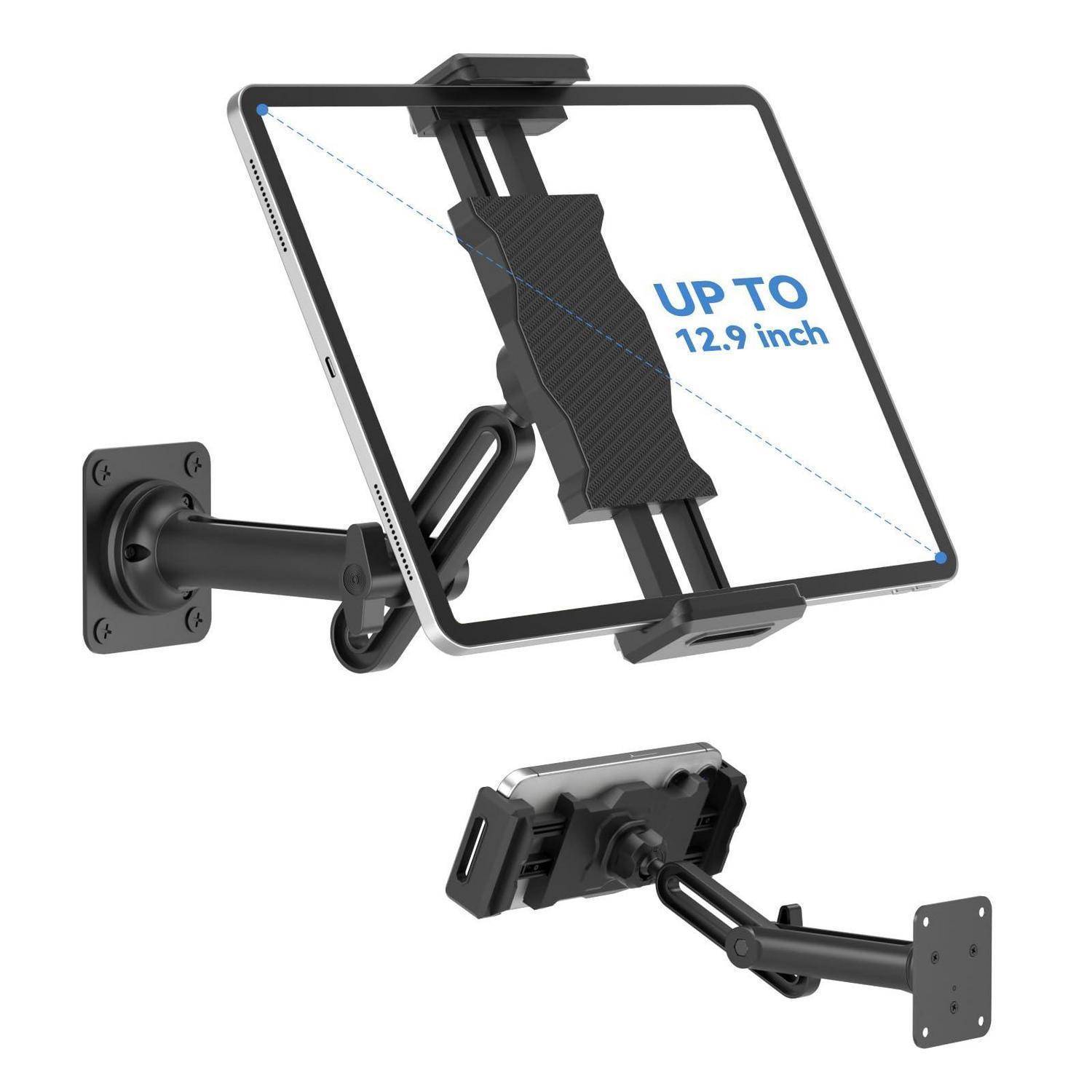 Verstellbare wandmontierte Tablet-Halterung, die in ausgefahrenem und eingeklapptem Zustand gezeigt wird, mit einem Tablet-Rahmen mit der Bezeichnung 
