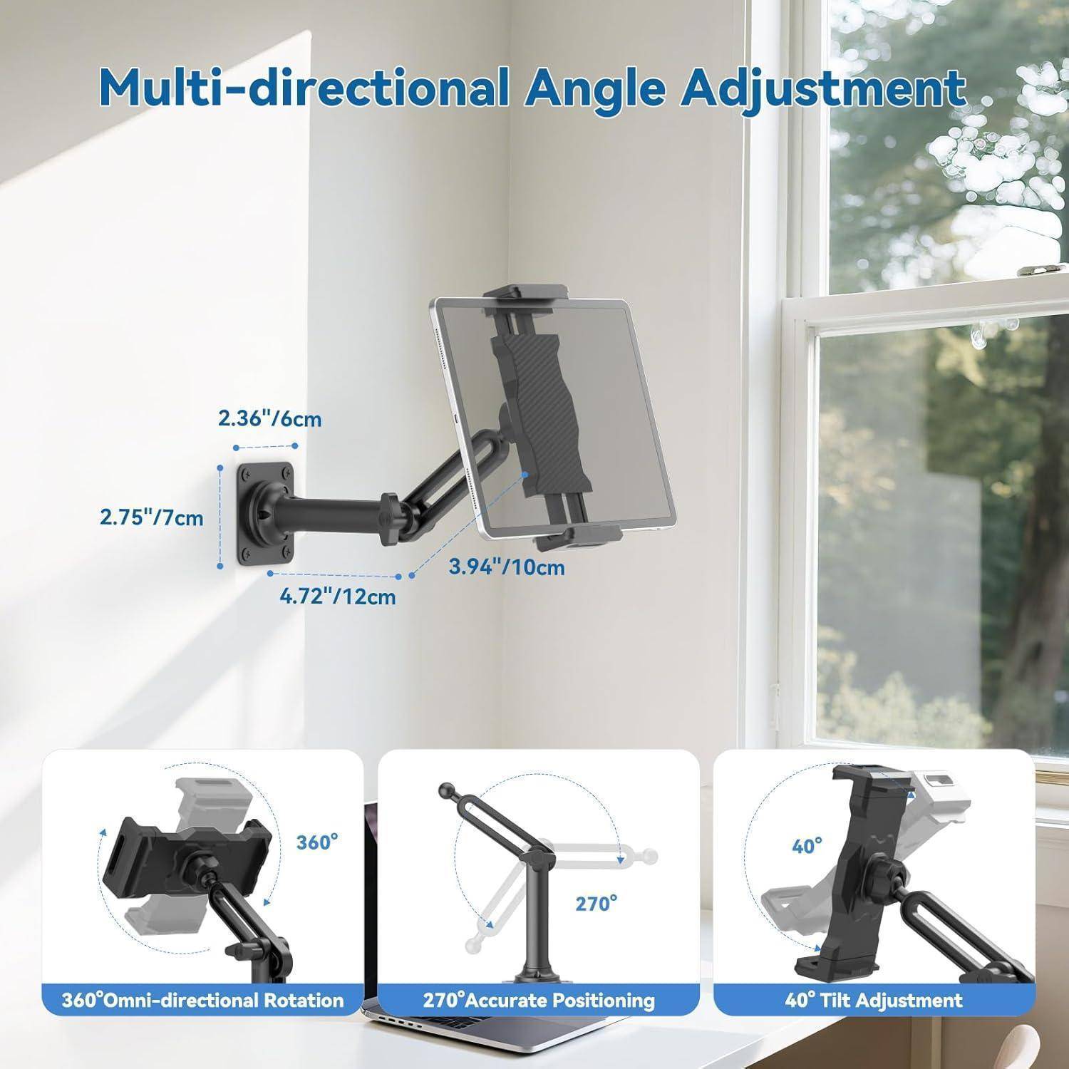 Wandmontierter Monitorarm mit Beschriftungen zur „Multidirektionalen Winkelverstellung", der verstellbare Reichweite und 360°-Rotation, 270°-Positionierung und 40°-Neigung zeigt.