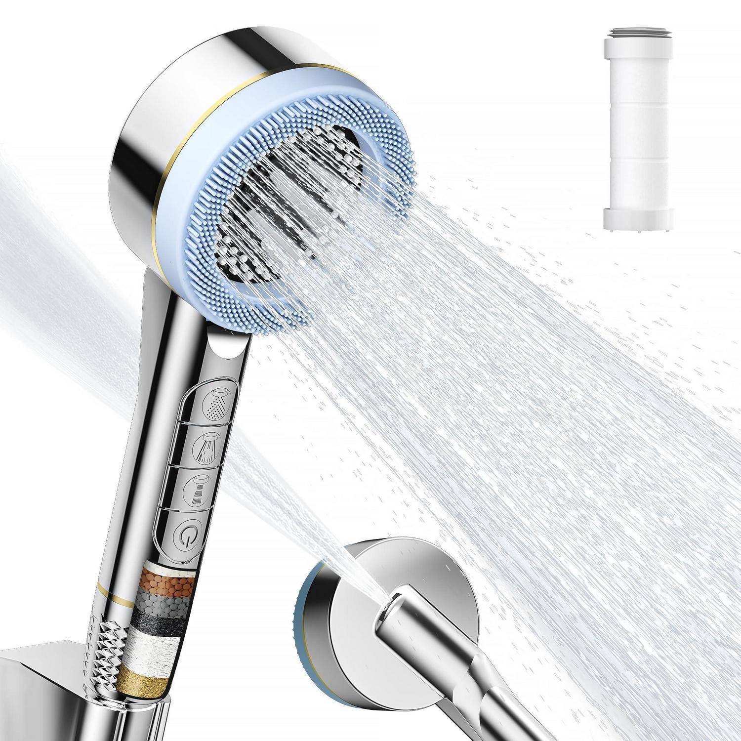 Verchromter tragbarer Duschkopf mit Wasserspray, mit wandmontierter Halterung und mitgelieferter Filterkassette daneben abgebildet.