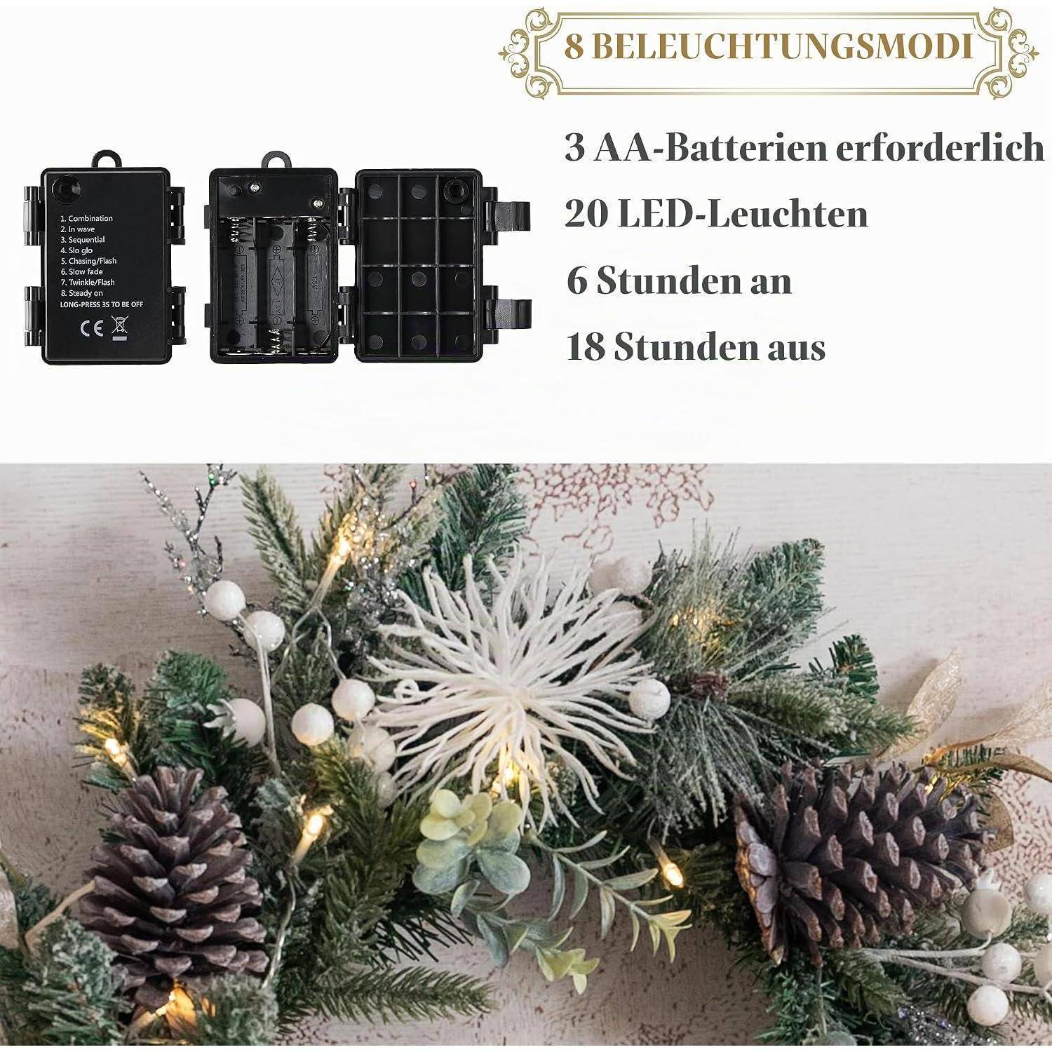 Batteriebetriebene LED-Weihnachtsgirlande mit Tannenzapfen und gefrosttem Grün, gezeigt mit einer Steuerbox und deutschem Text: 8 Leuchtmodi, 3 AA-Batterien, 20 LEDs, 6 Stunden an, 18 Stunden aus.