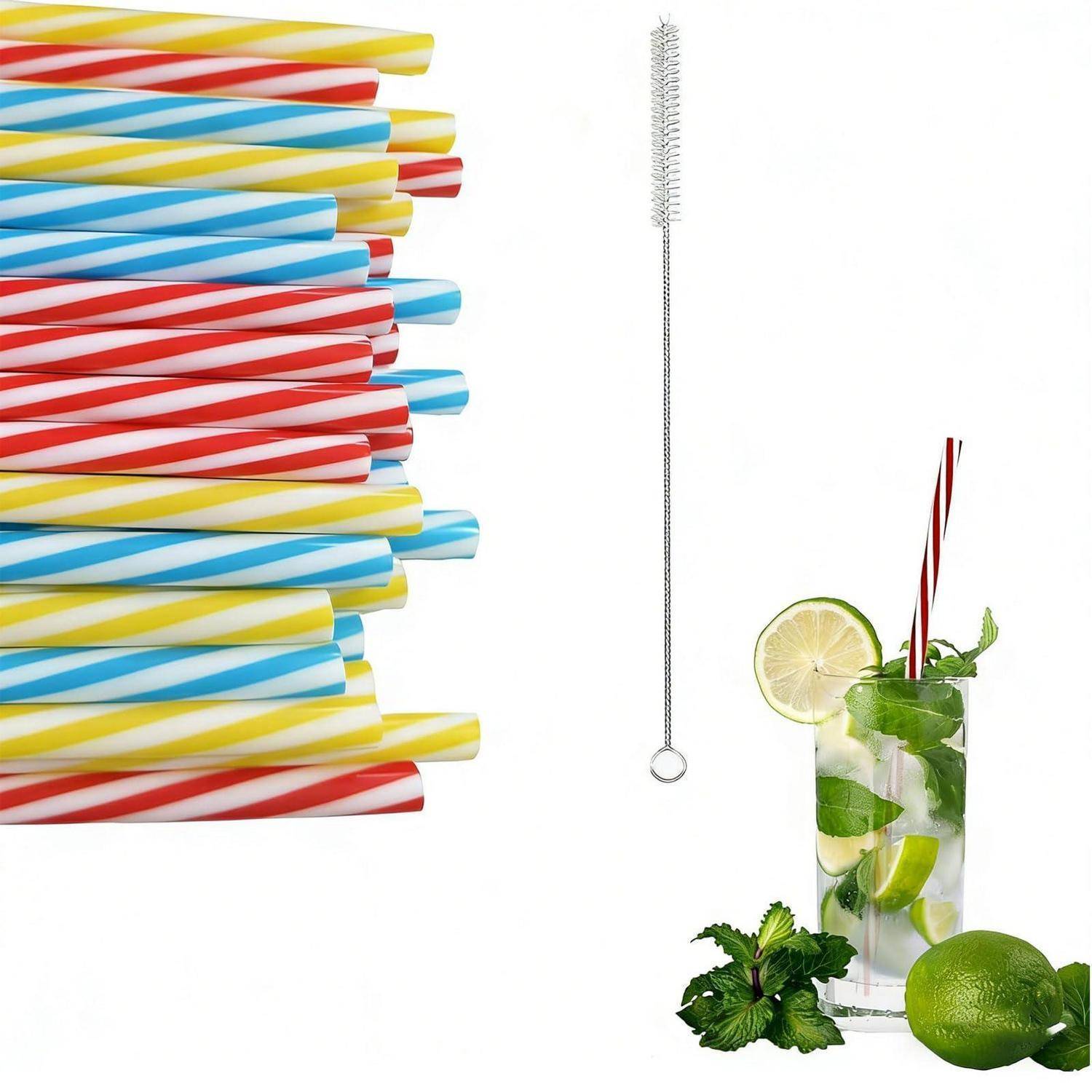 30 Stück Wiederverwendbare Strohhalme, Verdickte Strohhalme Plastik | Trinkhalme Plastik mit Strohhalmbürste für Smoothies, Saft, Heißgetränk, Co