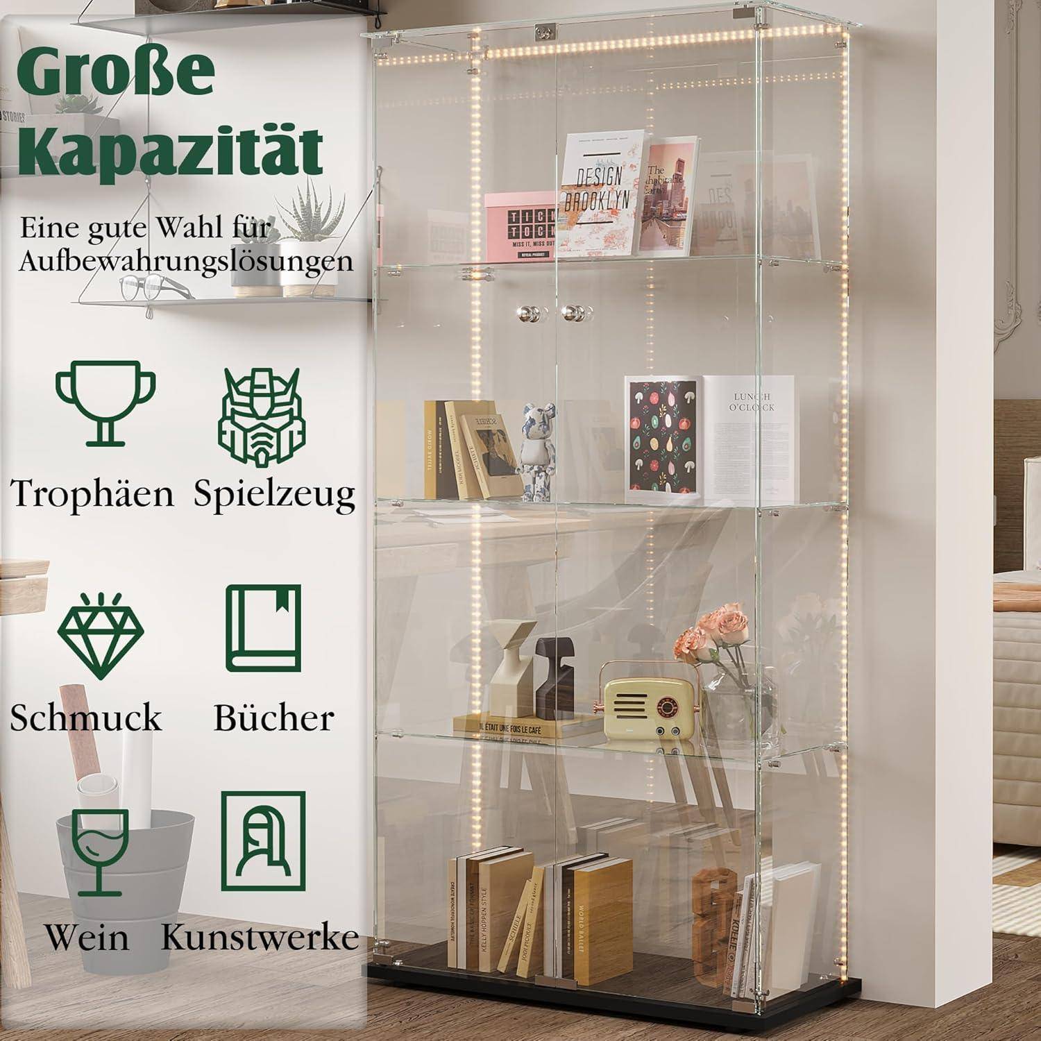 Glasvitrine Standvitrine,Glasvitrine Stehend mit Led,4 Lagen Glas Holz Glas Vitrine Vitrinenschrank 2 TüR und Schloss Vitrine Glasschrank Display