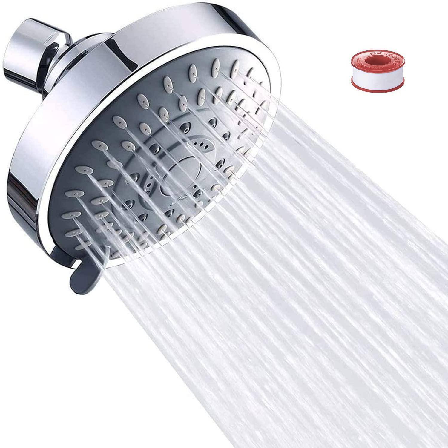 # Chrombrausekopf mit mehreren Wasserstrahlen, daneben eine kleine Rolle Klempnerband.