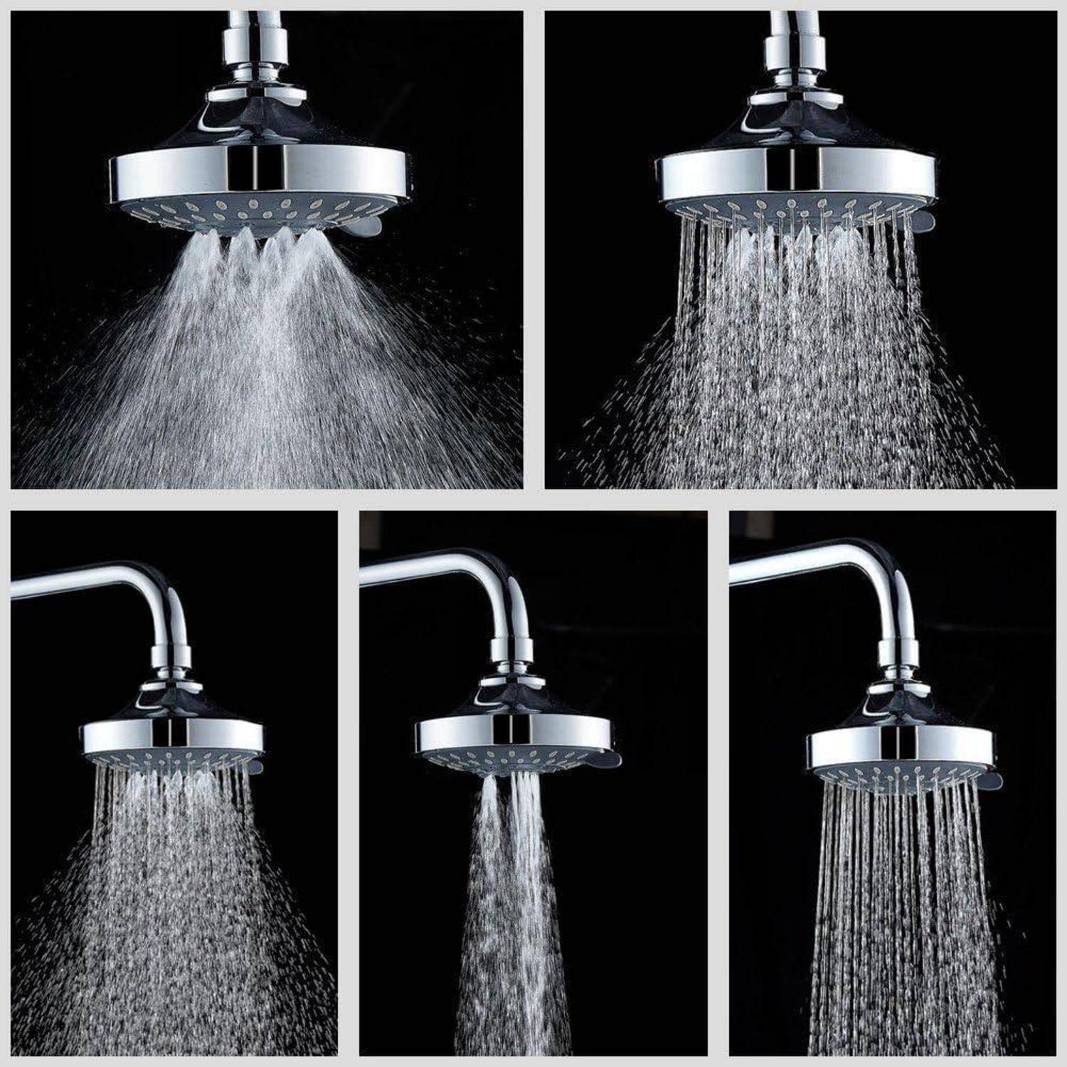 Fünf Duschkopf-Sprühmuster in einem 2x3-Vergleich, die verschiedene Wasserflussstile und Intensitäten veranschaulichen.