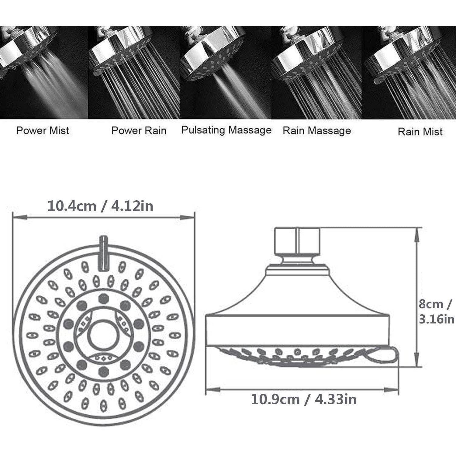 Diagramm eines Duschkopfs mit fünf Sprühmodi und Abmessungen: 10,4 cm Durchmesser, 10,9 cm Breite und 8 cm Höhe.