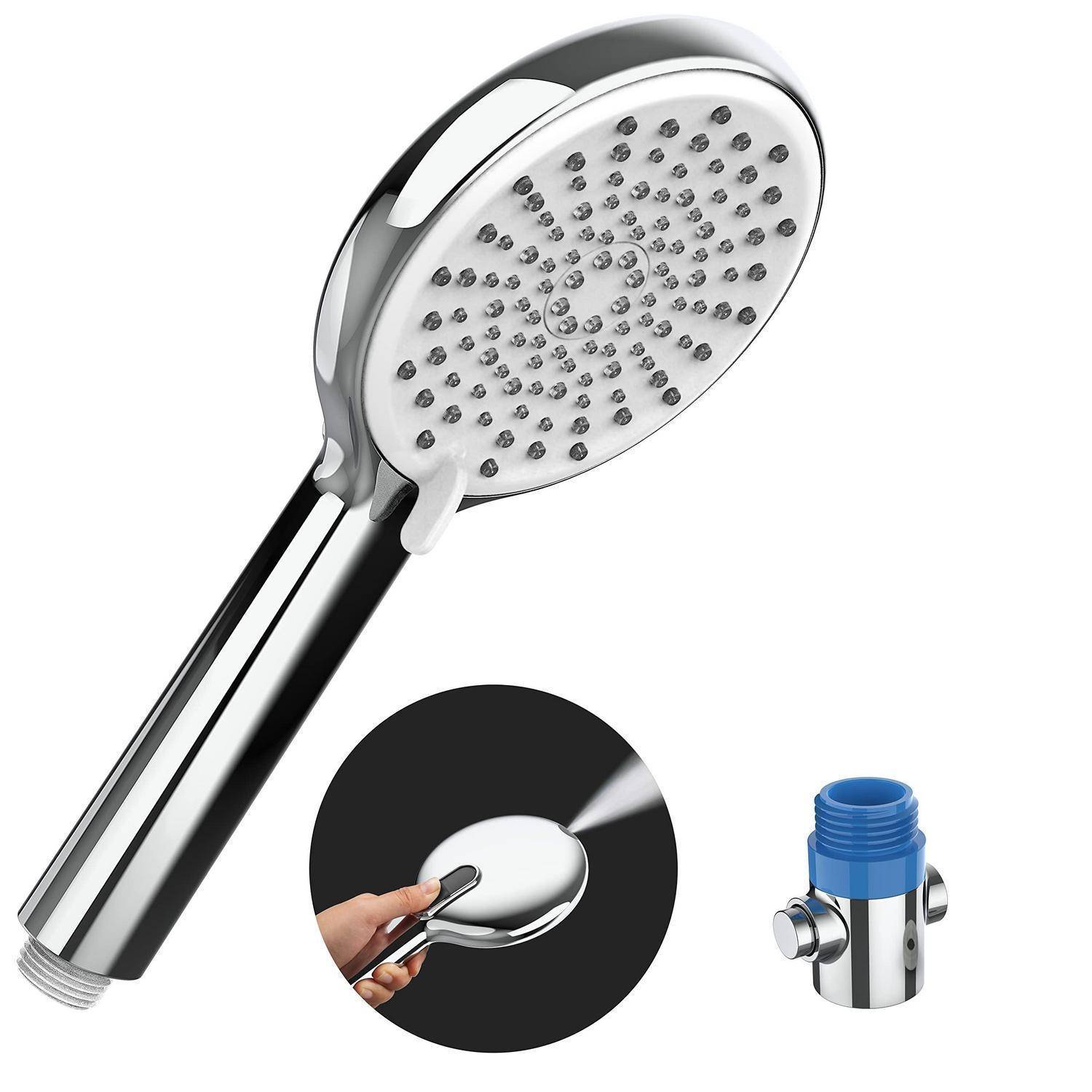 Chrom-Handbrause mit vielen Sprühdüsen, gezeigt mit einer Nahaufnahme der Handhabung und einer kleinen blauen Steckverbindung.