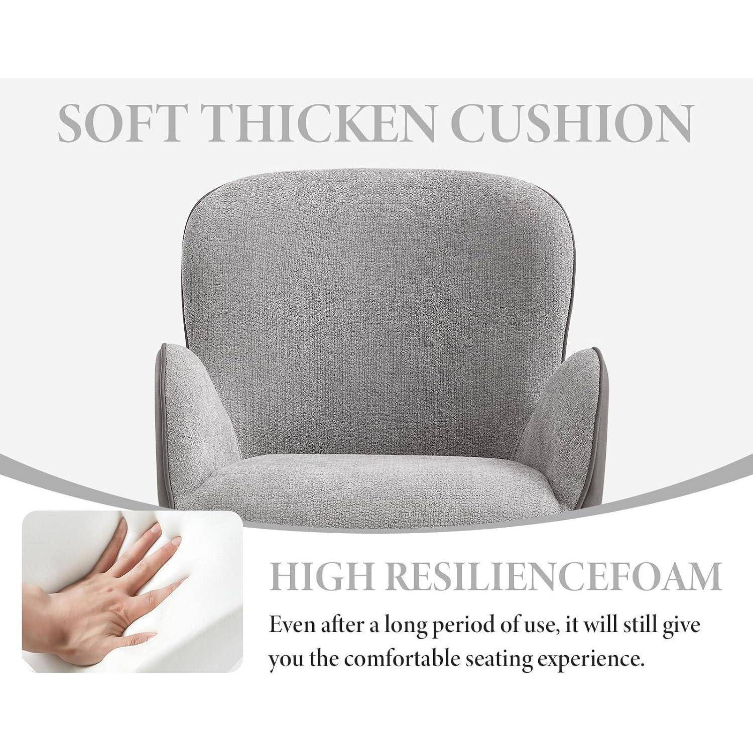 Grauer Polsterstuhl mit dickem Kissen und Armlehnen, mit der Beschriftung „SOFT THICKEN CUSHION