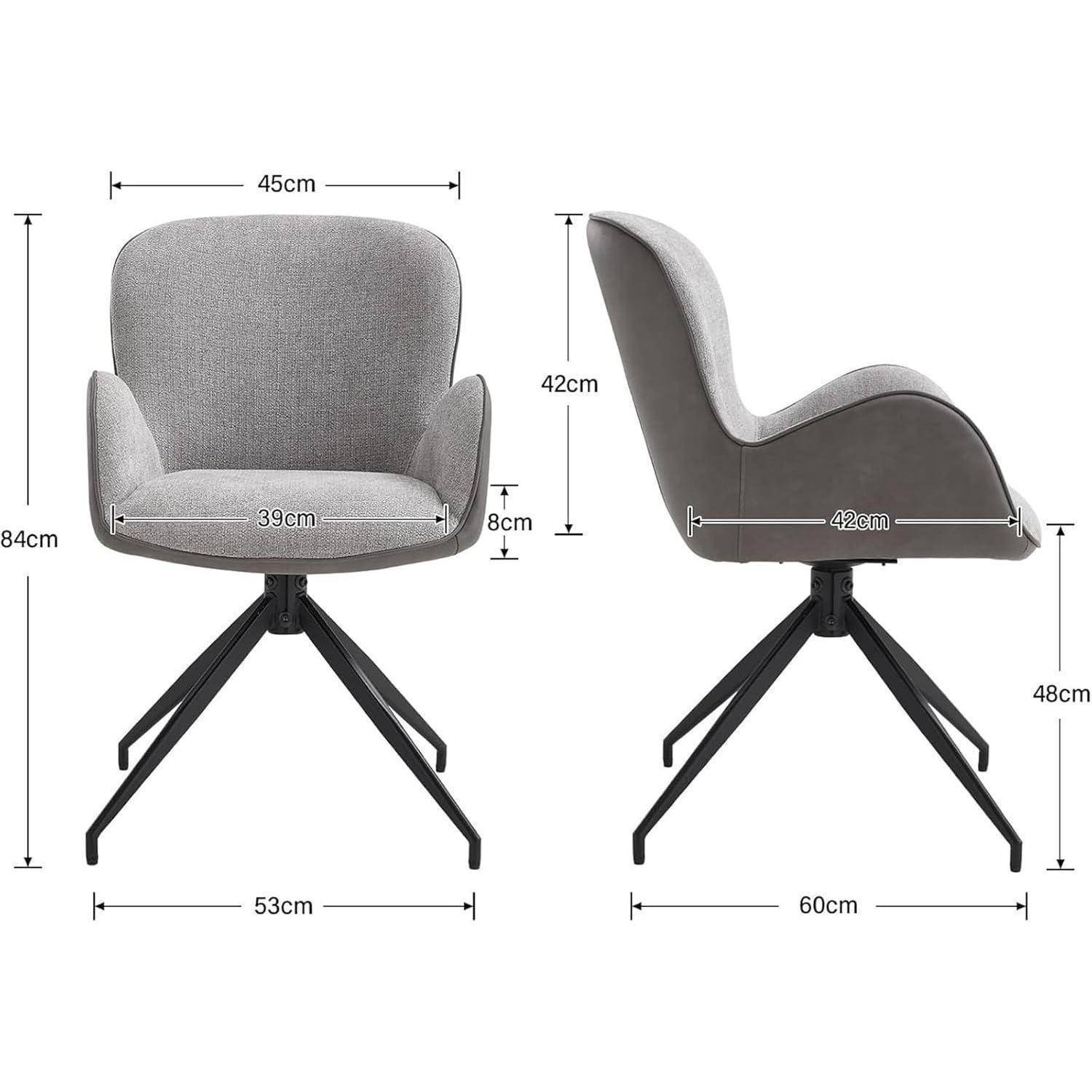 Zwei-Ansicht-Produktdiagramm eines grauen gepolsterten Drehstuhls mit schwarzen gespreizten Beinen, mit Abmessungen: 84 cm Höhe, 45 cm Breite, 53 cm Basisbr eite, 42 cm Sitztie fe, 39 cm Sitzbreite.