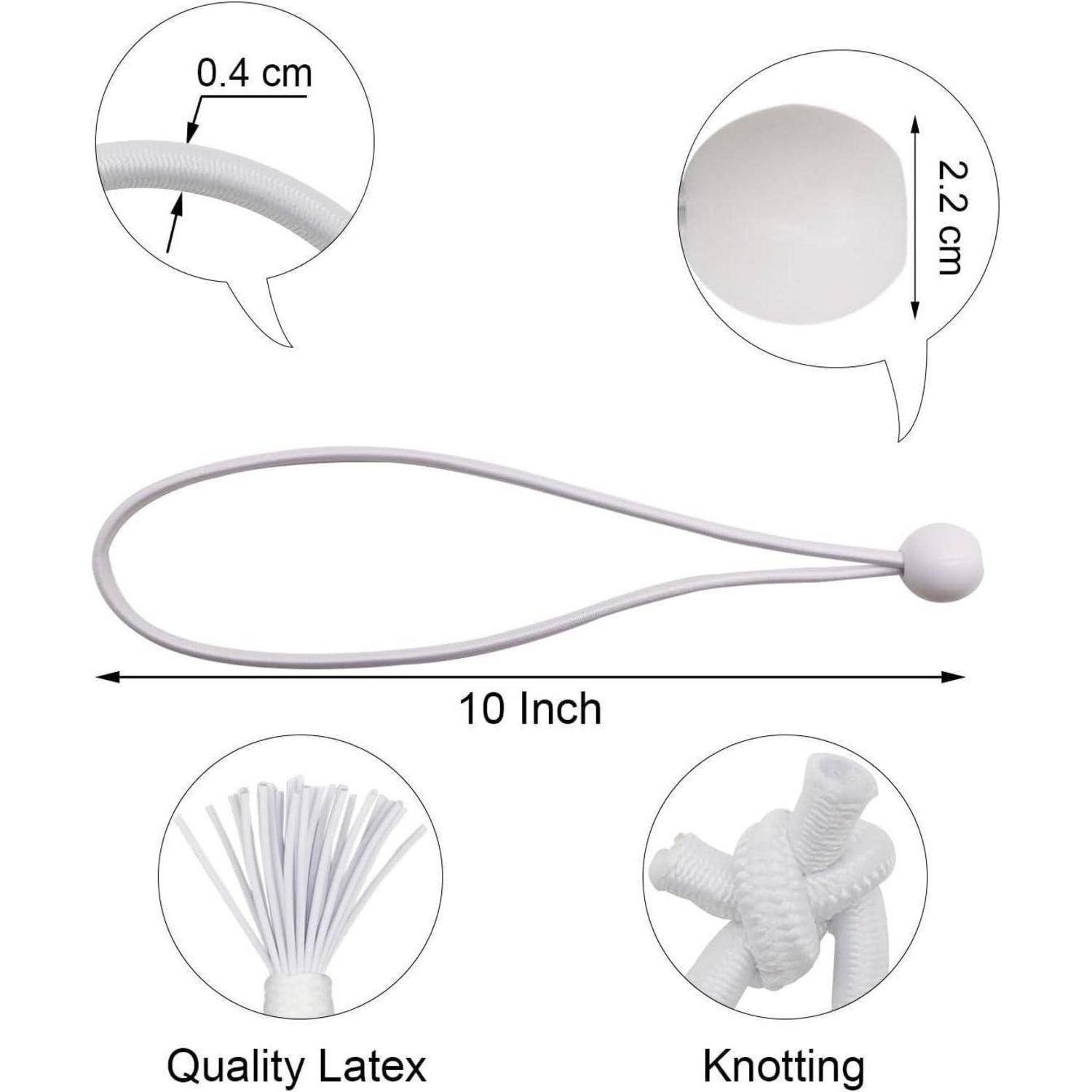 Weiße Latex-Haarspange mit Schlaufe und kleinem Ball, beschriftet mit 10 Zoll; Nahaufnahmen zeigen 0,4 cm Dicke, 2,2 cm Ball, hochwertige Latex und Knotung.