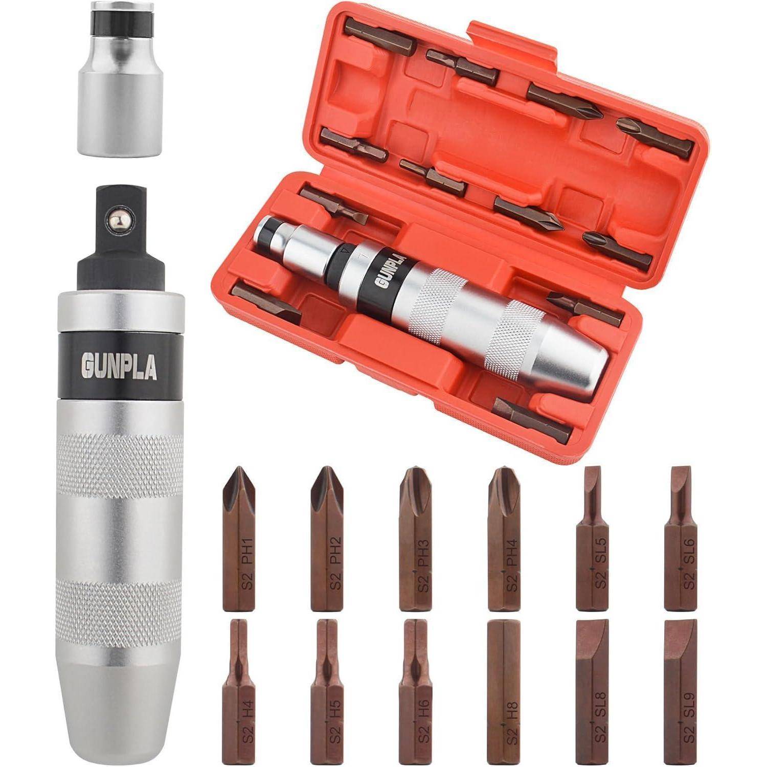 Ein Schlagschrauberset mit orangefarbenem Koffer, silbernem Griff, Steckeradapter und mehreren Phillips- und Schlitzschrauberbits auf weißem Hintergrund angeordnet.