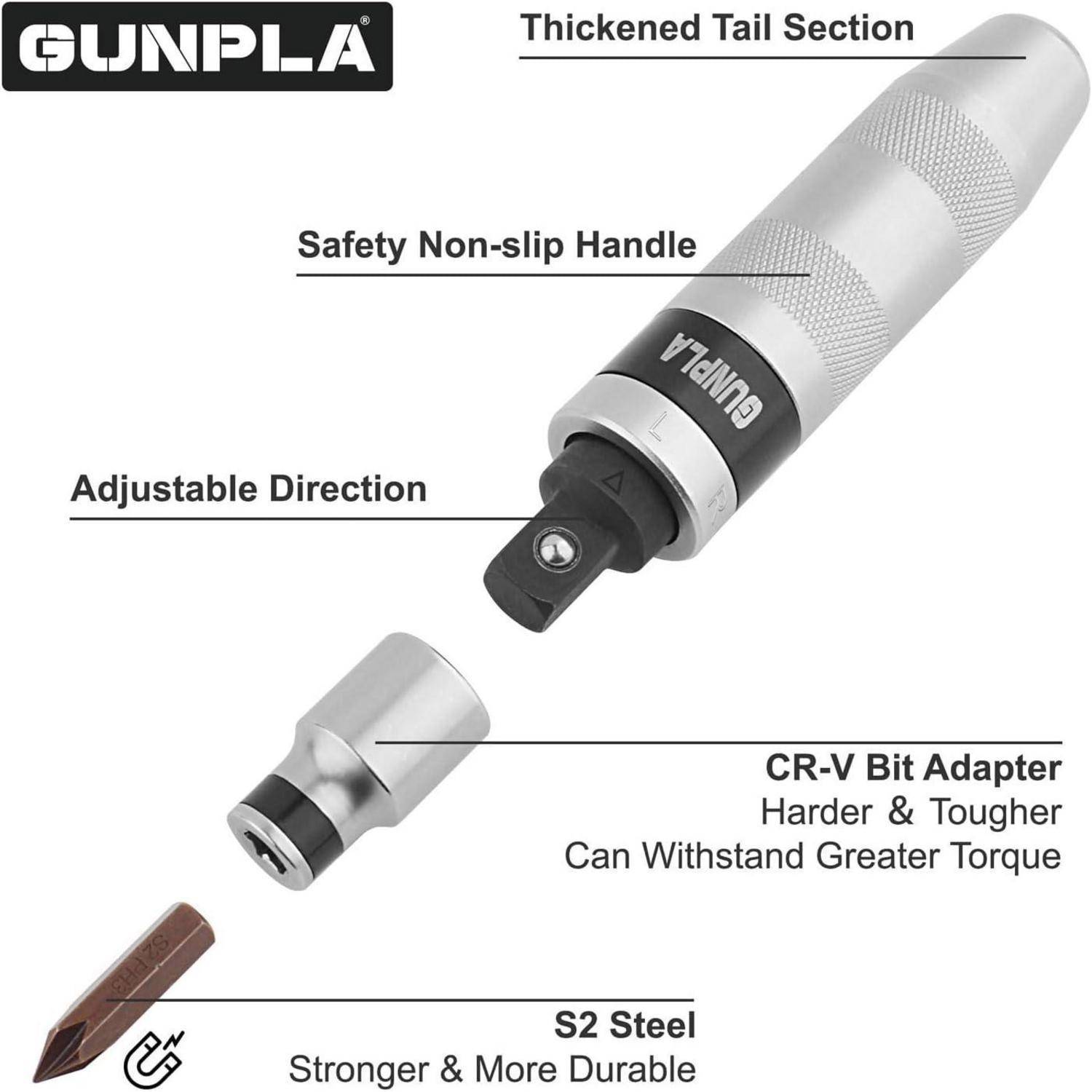 GUNPLA verstellbarer Schraubendreher mit verdicktem rutschfestem Griff, CR-V-Bit-Adapter und S2-Stahlbit; gekennzeichnet als stärker, robuster und langlebig.