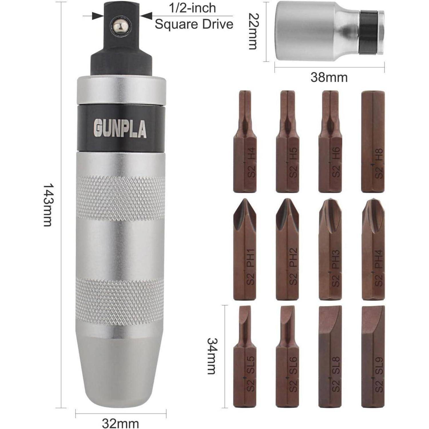 Abgebildetes Produkt eines Schraubendrehergriffs mit 1/2-Zoll-Quadratantrieb mit 12 austauschbaren Bits, mit Abmessungen und Bittypen.