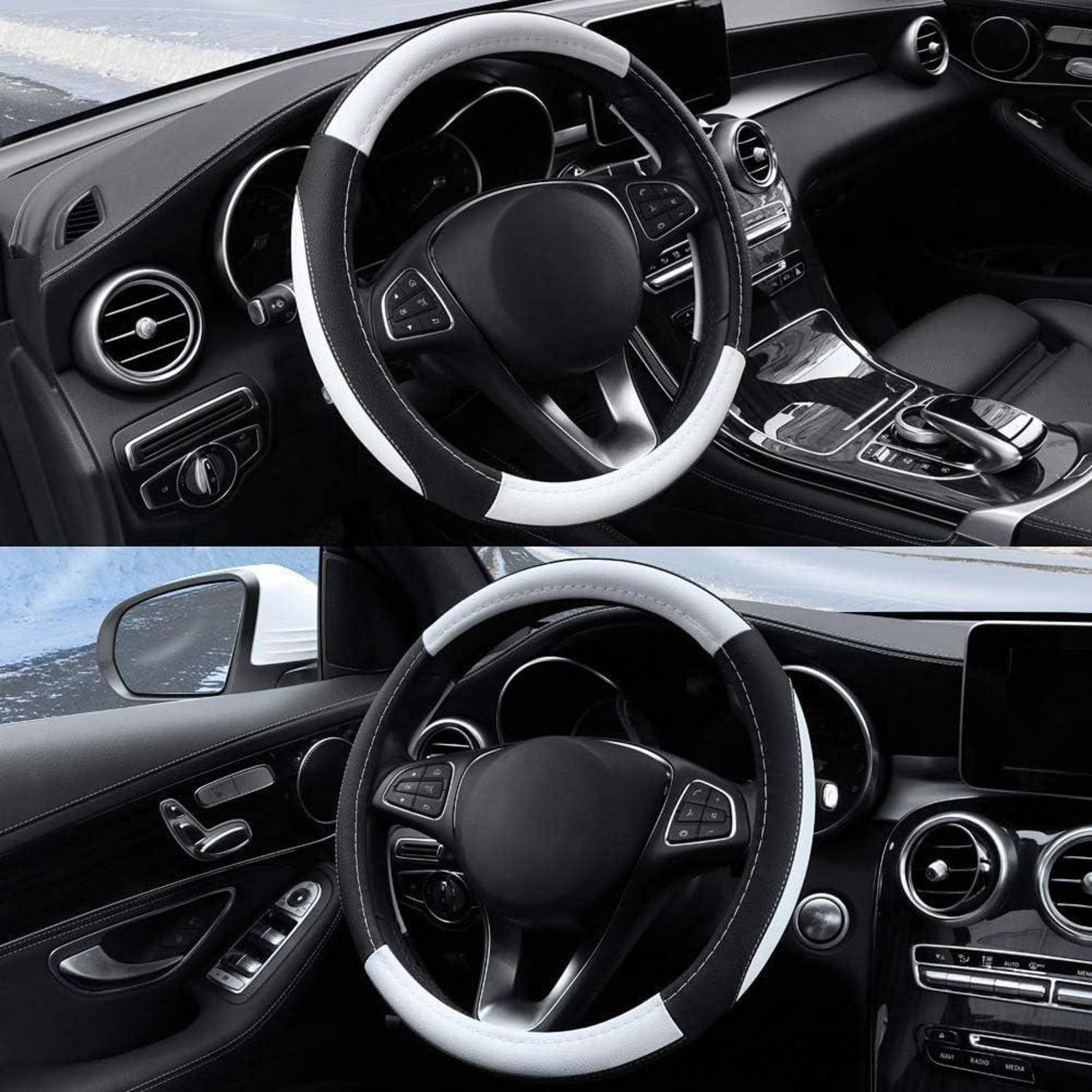 Collage eines schwarzen Luxus-Autoinnenraums mit einem Lenkrad mit weißem Überzug, Armaturenbrett, Mittelkonsole und Türsteuerungen.