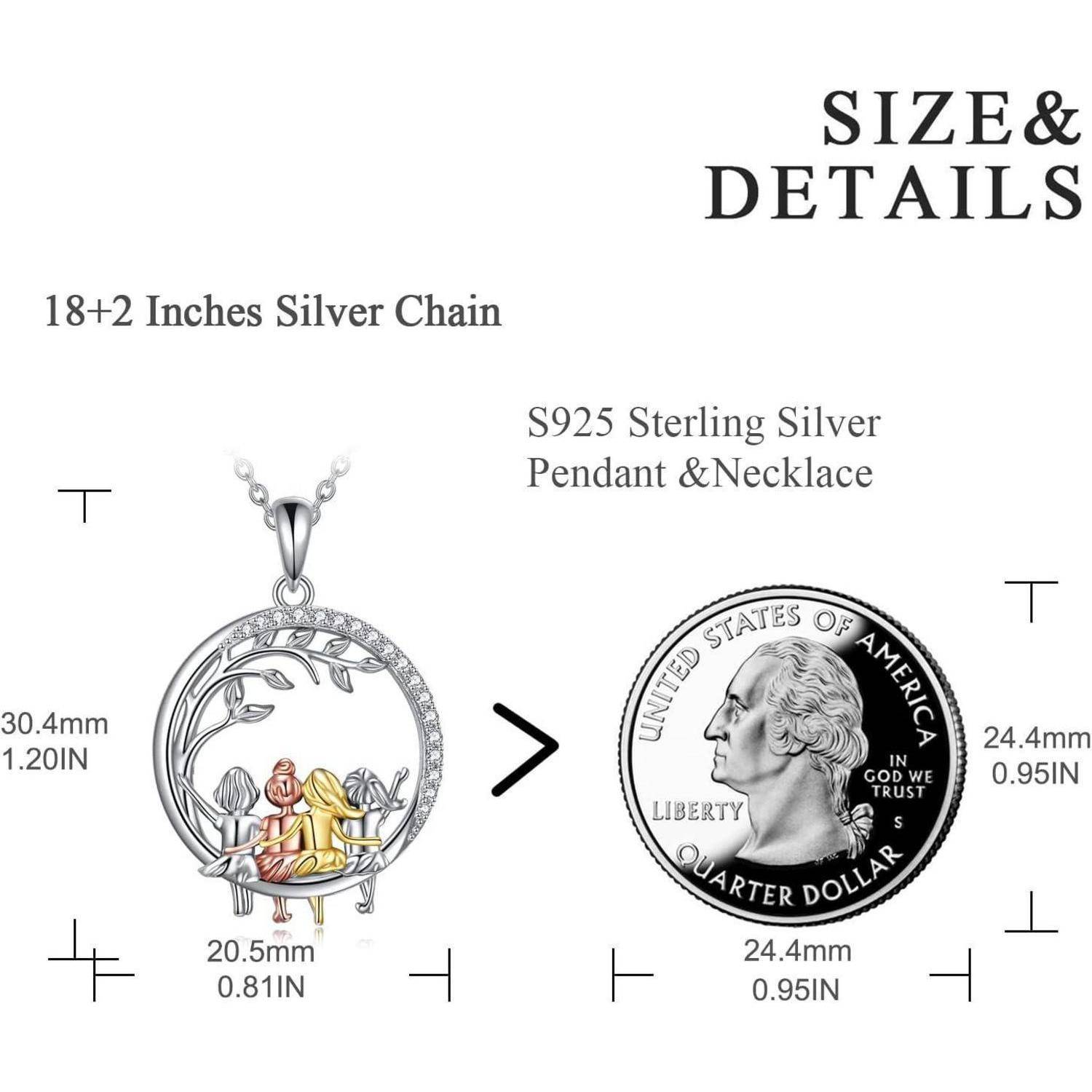 Größen- und Detailvergleich für ein Anhänger und eine Halskette aus S925-Sterlingsilber auf einer 18+2 Zoll langen Silberkette, dargestellt neben einem US-Cent als Größenvergleich.