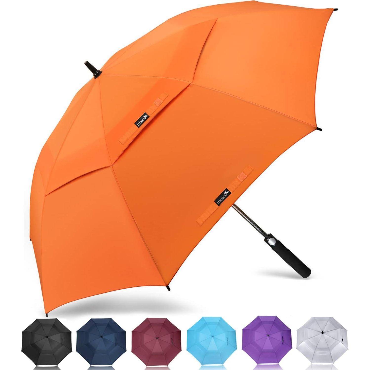 Orangener Regenschirm offen auf weißem Hintergrund dargestellt, mit kleinen Farbmustern unten, die verfügbare Farben anzeigen.