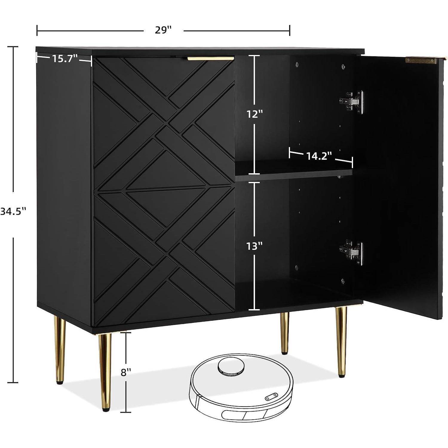 Schwarzer zweitüriger Schrank auf goldfarbenen Beinen mit offenen Regalen, gezeigt mit Abmessungen: 29" breit, 34,5"" hoch, 15,7"" tief; Freiraum für Roboterstaubsauger 8"".