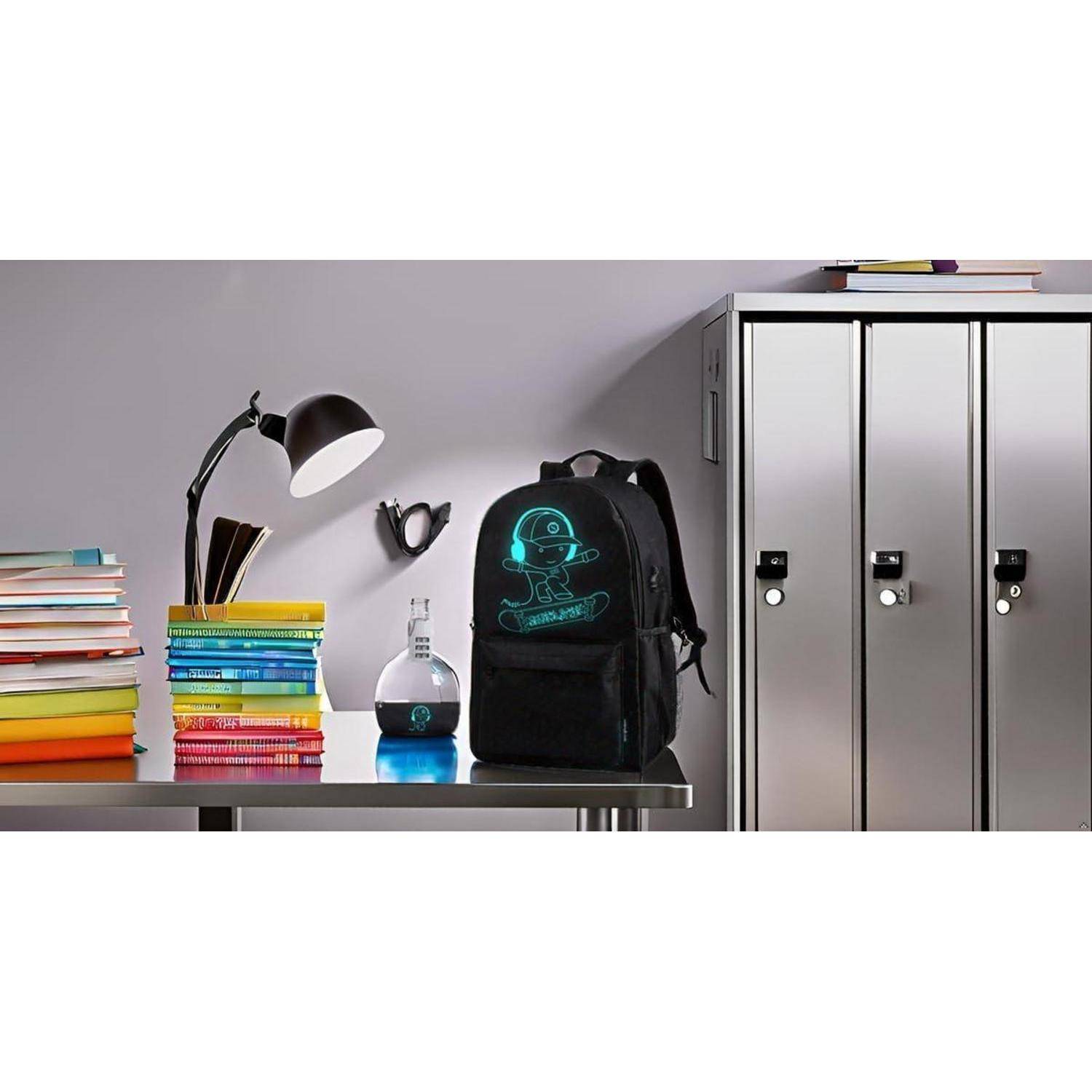 Schwarzer Rucksack mit leuchtendem Roboter-Design auf einem Schreibtisch neben gestapelten Büchern, einer Lampe, einer Thermoskanne und silbernen Schließfächern in einem Klassenzimmer oder Lernbereich.