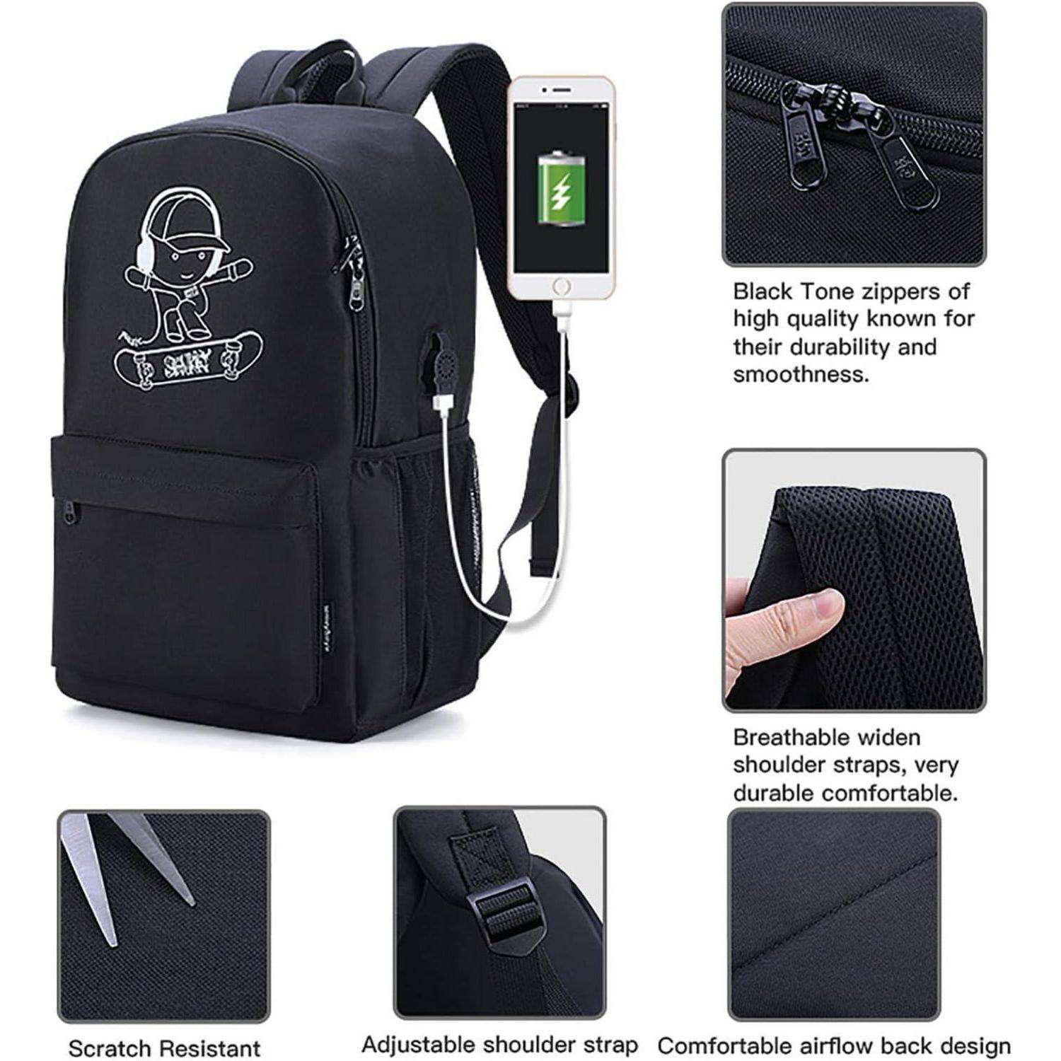 Schwarzer Rucksack mit ladendem Telefon und eingearbeiteten Beschriftungen, die schwarze Reißverschlüsse, atmungsaktive Riemen, kratzerbeständiges Material, verstellbarer Schultergurt und Luftstrom-Rückendesign zeigen.