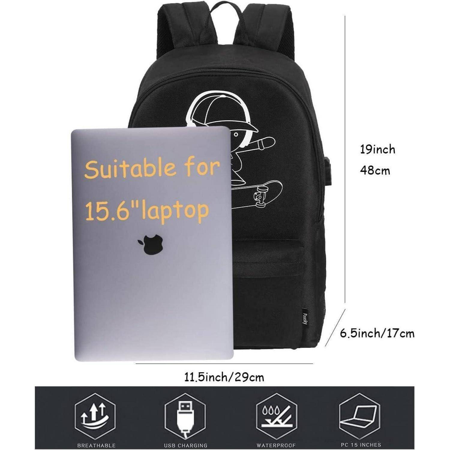 Schwarzer Rucksack, gezeigt mit einem 15,6-Zoll-Laptop zum Größenvergleich; beschriftet mit 19 x 11,5 x 6,5 Zoll und zeigt Symbole für atmungsaktives Gewebe, USB-Aufladung, Wasserdichtheit und PC-Fach.