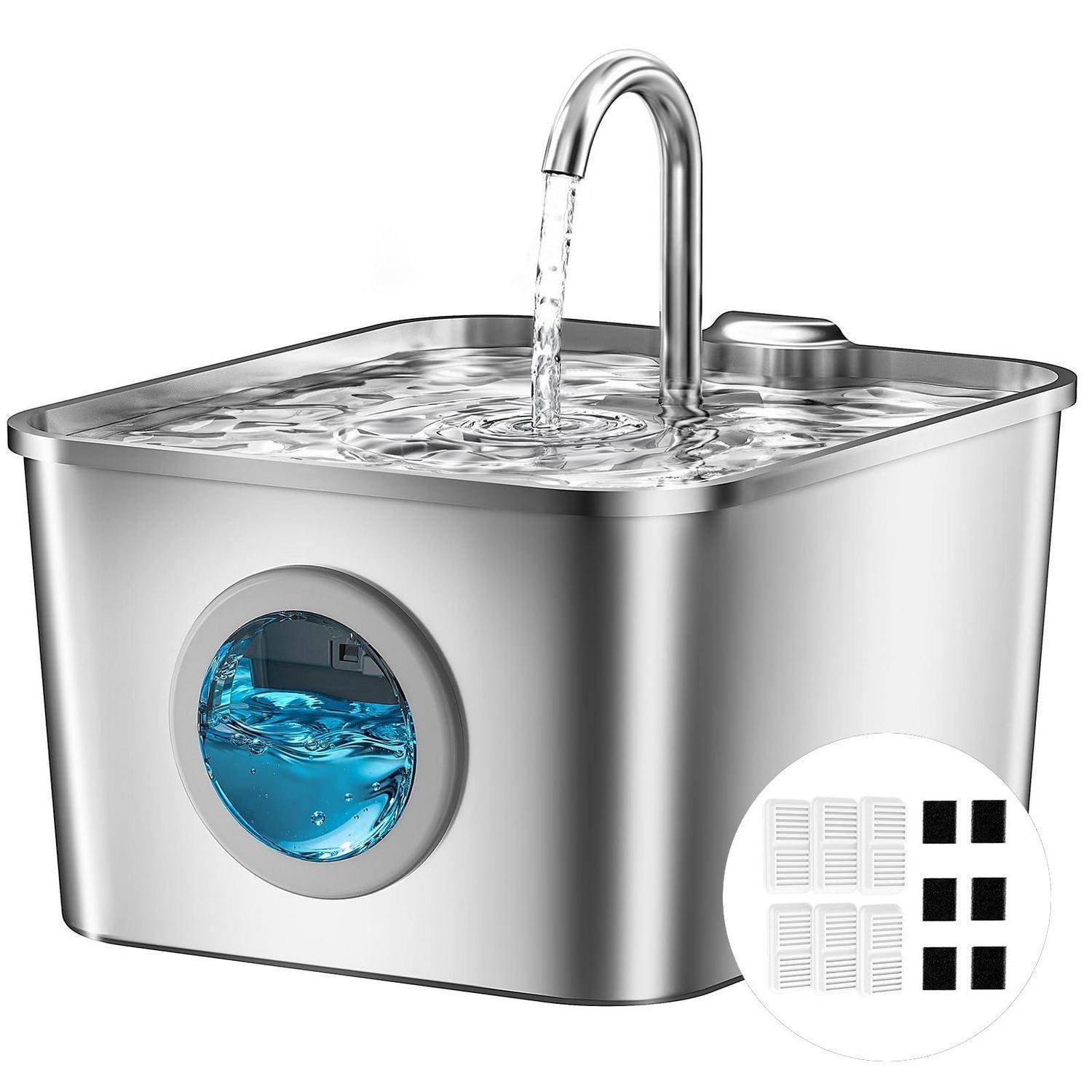 Edelstahlarbeitsplatte-Wasserbehälter mit Wasserhahn-Ausgabefunktion, gezeigt mit blauem Sichtfenster und eingefügten Deckeloptionen.