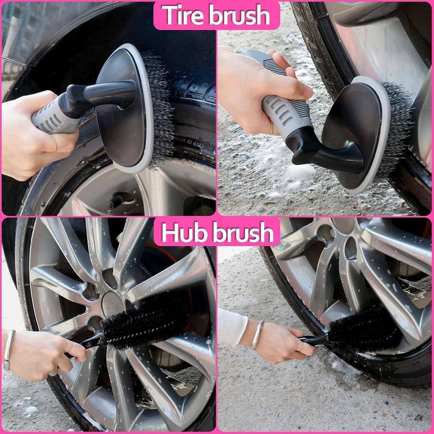 Collage zeigt die Reinigung von Autofelu mit zwei Bürsten mit der Bezeichnung „Reifenbürste
