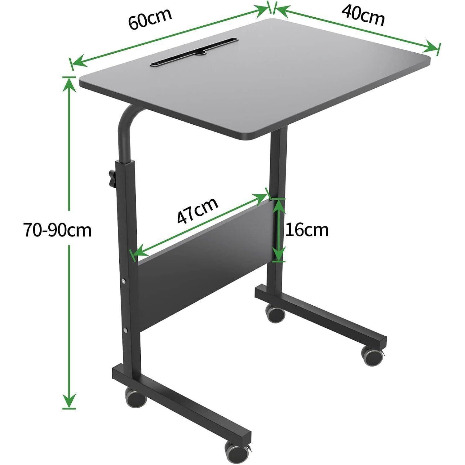 Verstellbarer Rollwagen mit einer 60 cm × 40 cm großen Arbeitsplatte, Höhe von 70-90 cm verstellbar, 47 cm unteres Tablett und vier Lenkrollen.