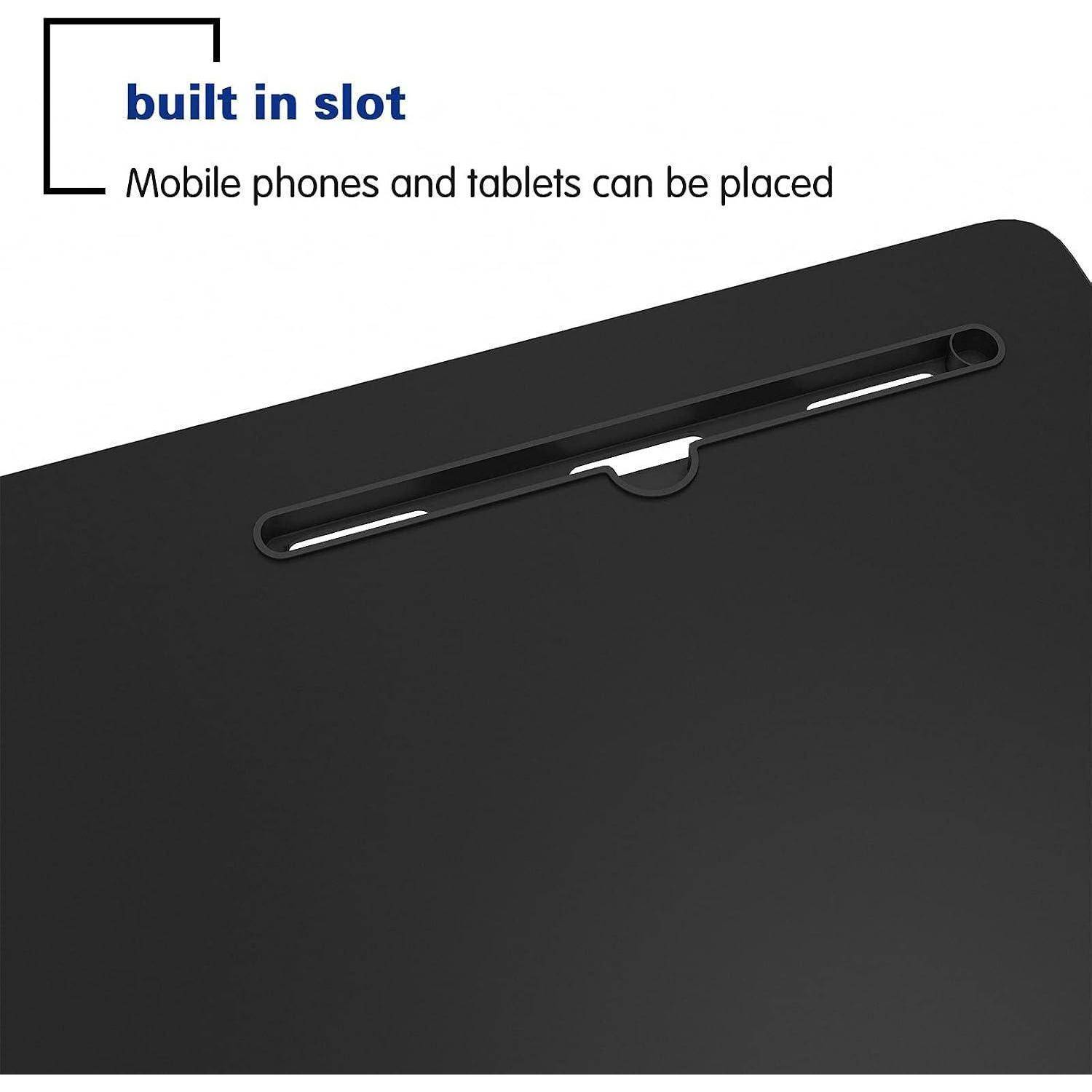 Tablet- oder Handycase mit eingebautem Slot; Text sagt „eingebauter Slot" und „Mobiltelefone und Tablets können platziert werden"".