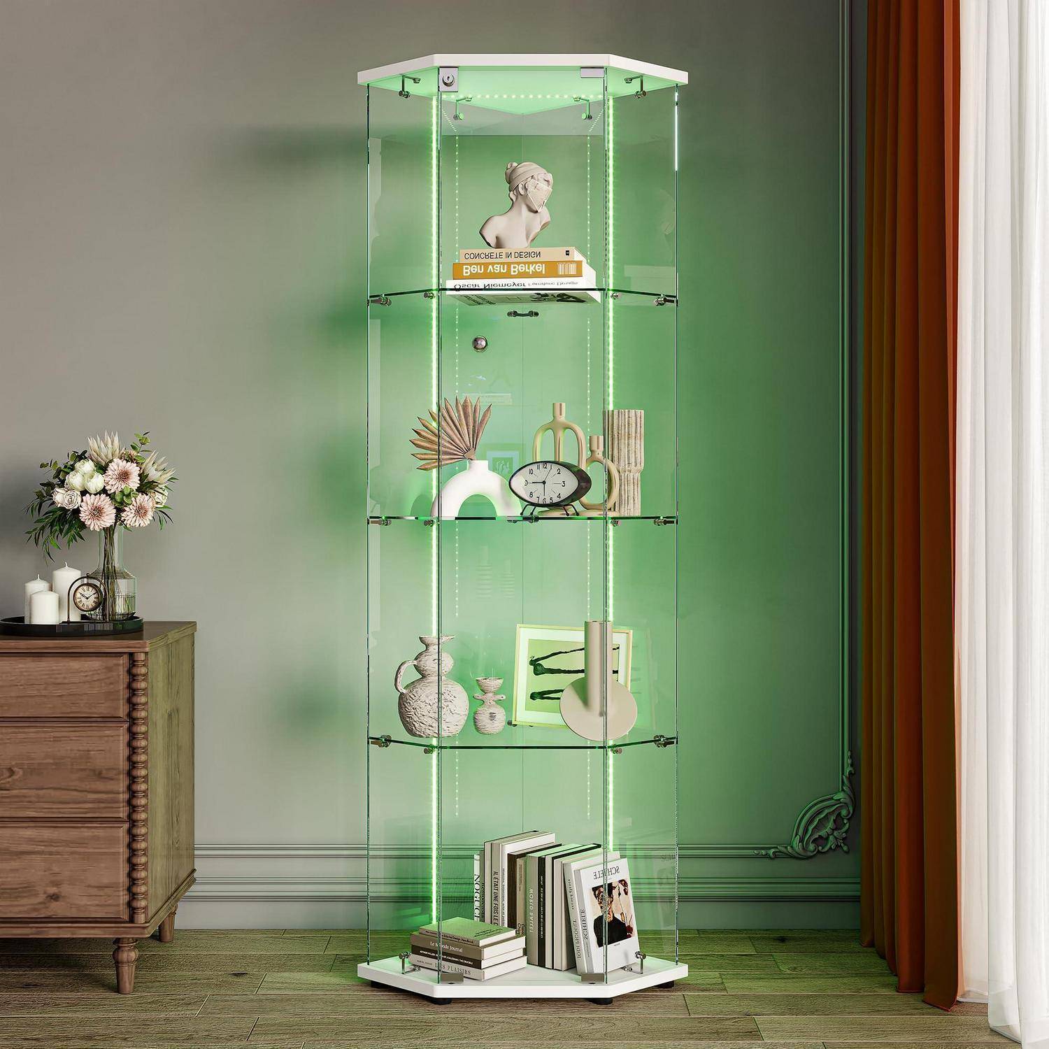 Glasvitrine Standvitrine mit Led,Glasvitrine Stehend,4 Lagen Glas Holz Glas Vitrine Vitrinenschrank 1 TüR und Schloss Vitrine Glasschrank Display