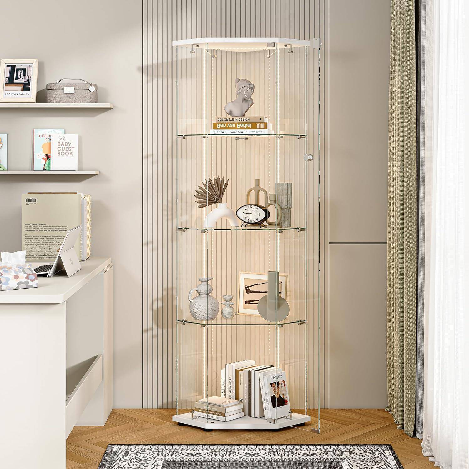 Glasvitrine Standvitrine mit Led,Glasvitrine Stehend,4 Lagen Glas Holz Glas Vitrine Vitrinenschrank 1 TüR und Schloss Vitrine Glasschrank Display